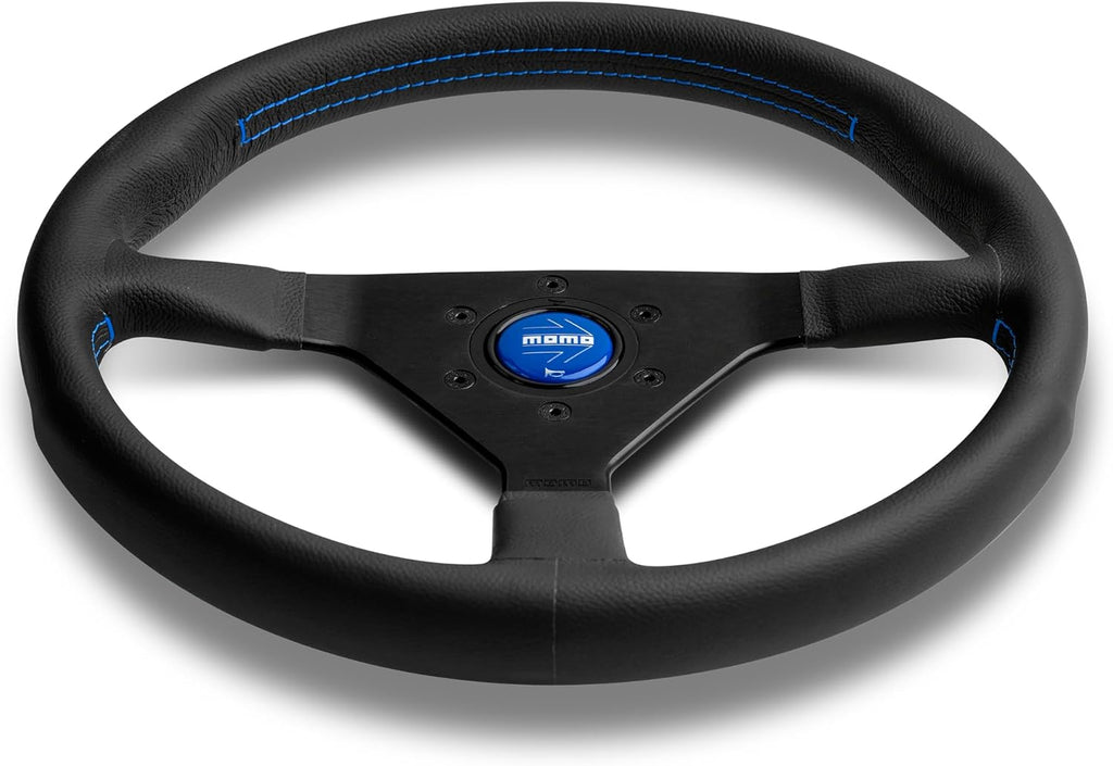 MOMO Motorsport Montecarlo Street Steering Wheel, Black Leather Grip, Brushed Black Anodized Spoke Finish, Blue Stitching, 350mm