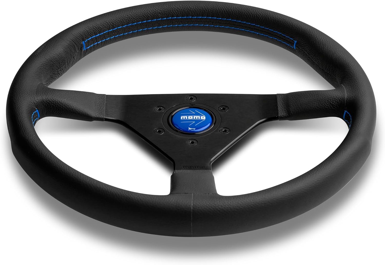 MOMO Motorsport Montecarlo Street Steering Wheel, Black Leather Grip, Brushed Black Anodized Spoke Finish, Blue Stitching, 350mm