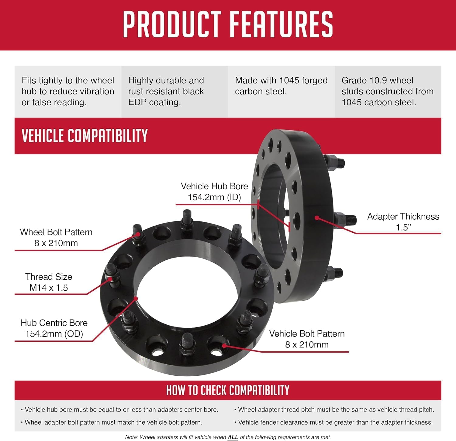 Wheel Accessories Parts 2 Pcs Steel Hub Centric Wheel Spacers 8 on 210mm 1.5 Inch Thick 154.2mm Hub M14x1.5 14x1.5 Thread Stud Fits Chevrolet Silverado GMC Sierra 3500HD (Dually - Front Only)