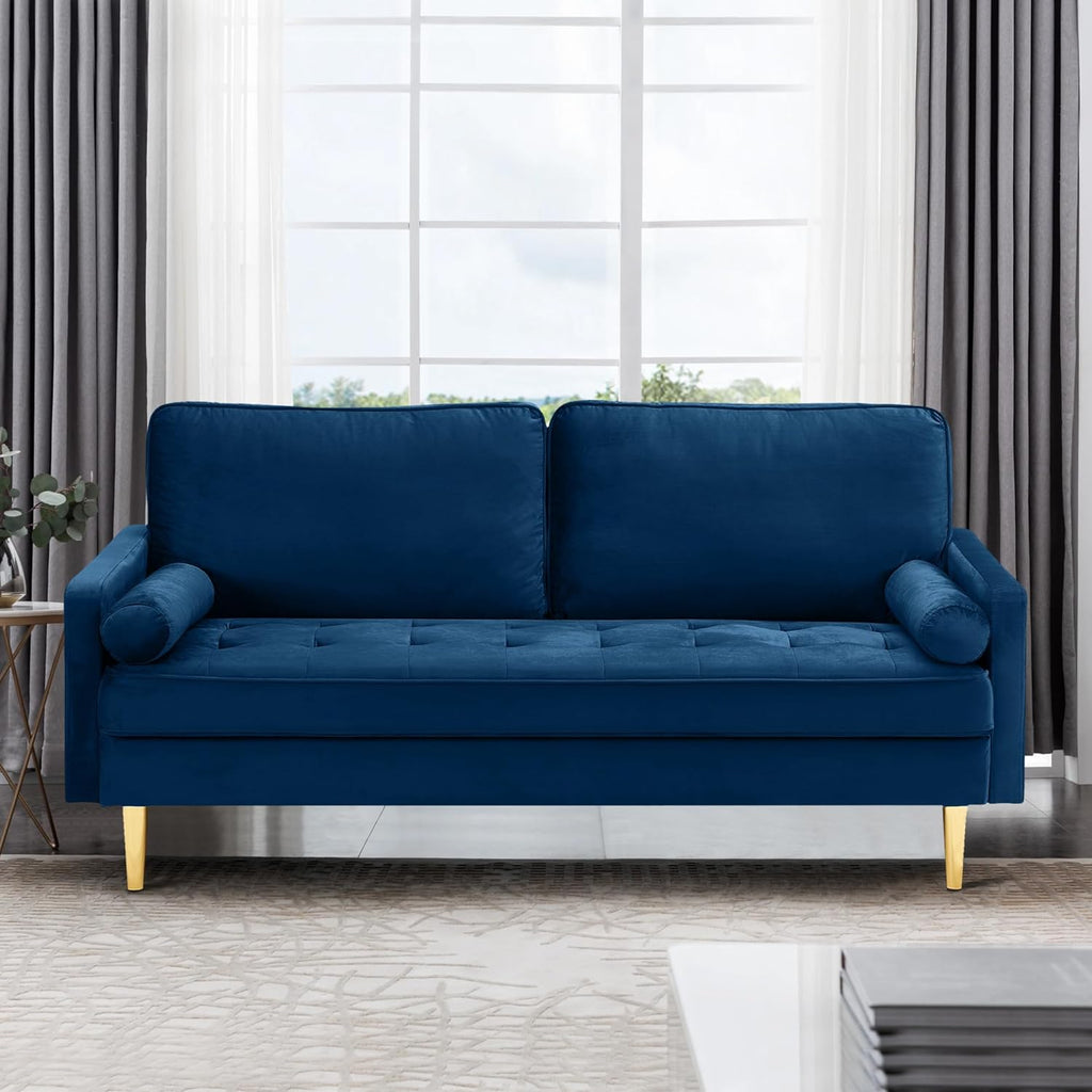 67' Modern Velvet Loveseat Sofa Couch, Mid-Century Tufted Upholstered Small Love Seat Couch with 2 Pillows & 4 Golden Legs, 2-Seats Couches for Compact Space, Living Room, Apartment (Navy)