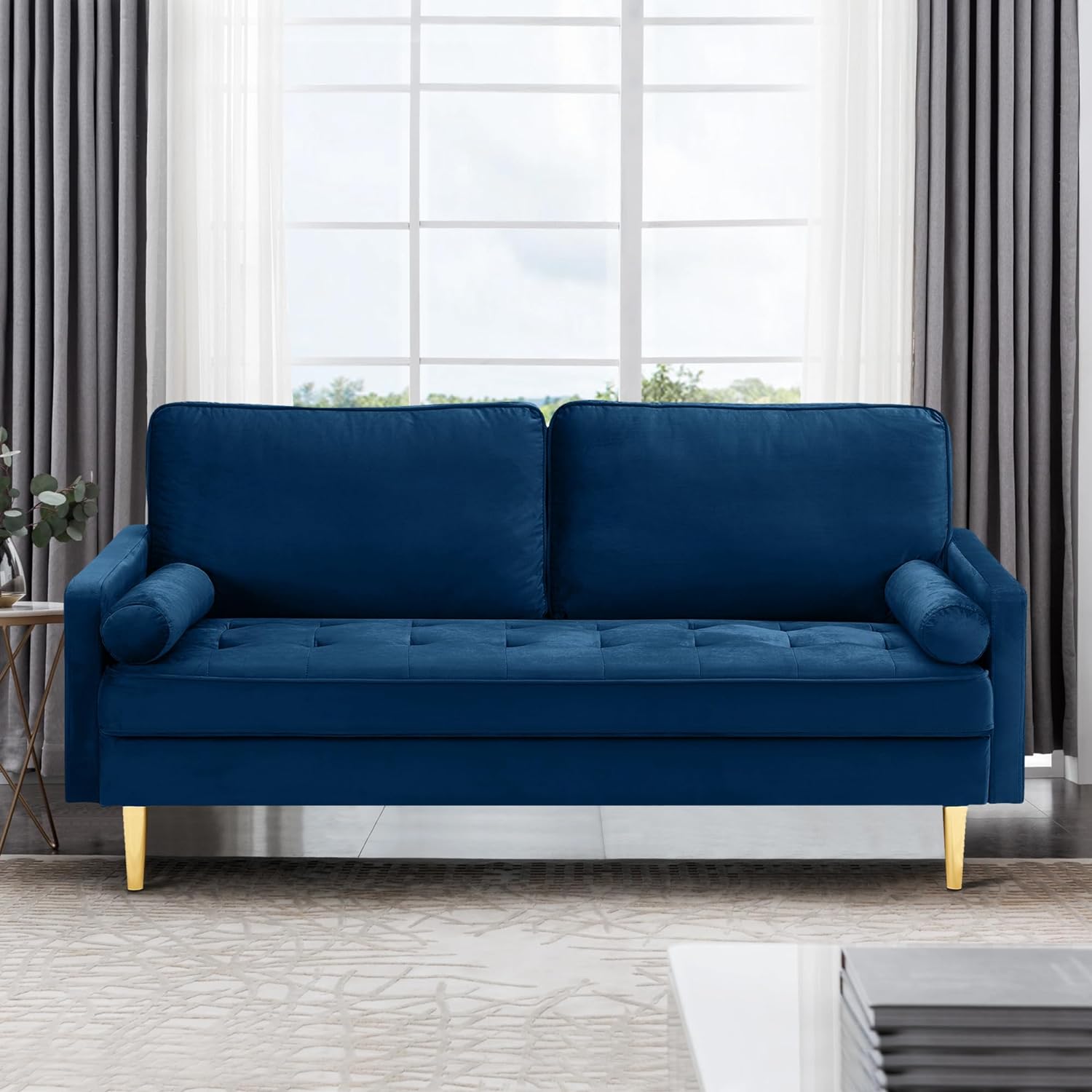 67' Modern Velvet Loveseat Sofa Couch, Mid-Century Tufted Upholstered Small Love Seat Couch with 2 Pillows & 4 Golden Legs, 2-Seats Couches for Compact Space, Living Room, Apartment (Navy)