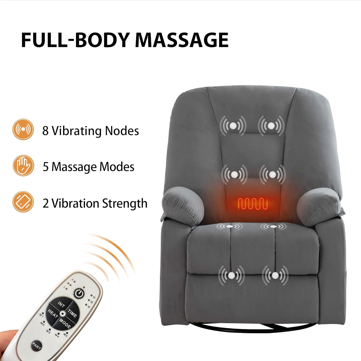 Ketaiyou Power Swivel Rocker Recliner with Massage and Heat, USB and Type-C Port, Infinite Position, Electric Glider Rocking Chairs Living Room, Soft Fabric Reclining Sofa Chair (Velvet Grey)