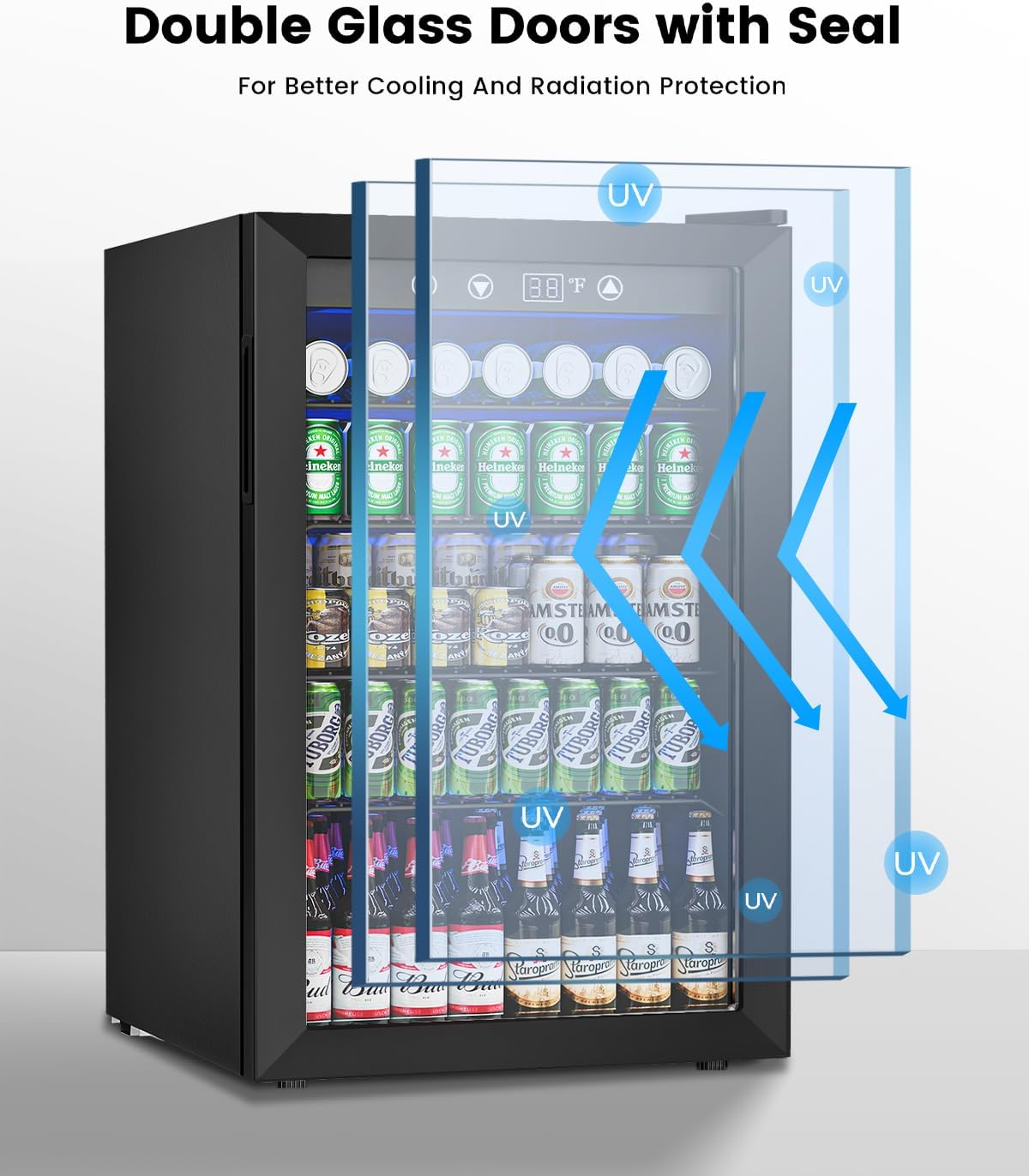 Feelfunn 4.5 Cu.Ft Beverage Refrigerator Cooler - 145 Can Mini Fridge Glass Door for Soda Beer Wine, Small Refrigerator for Bedroom Office Home Bar, 4 Adjustable Shelves, Black
