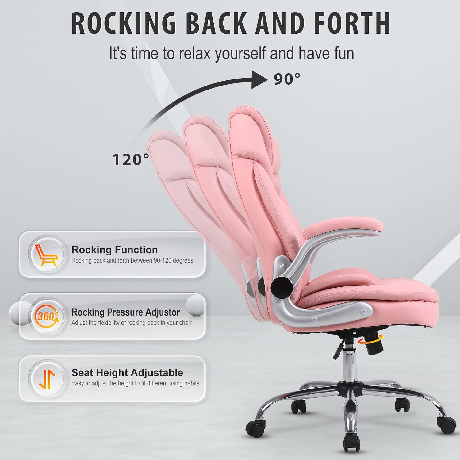 Ergonomic Executive Office Chairs with Adjustable Lumbar Support, 90-120° Rocking Managerial Chair Swivel Desk Chairs with Padded Flip-up Armrests (Pink), Medium(300lbs)