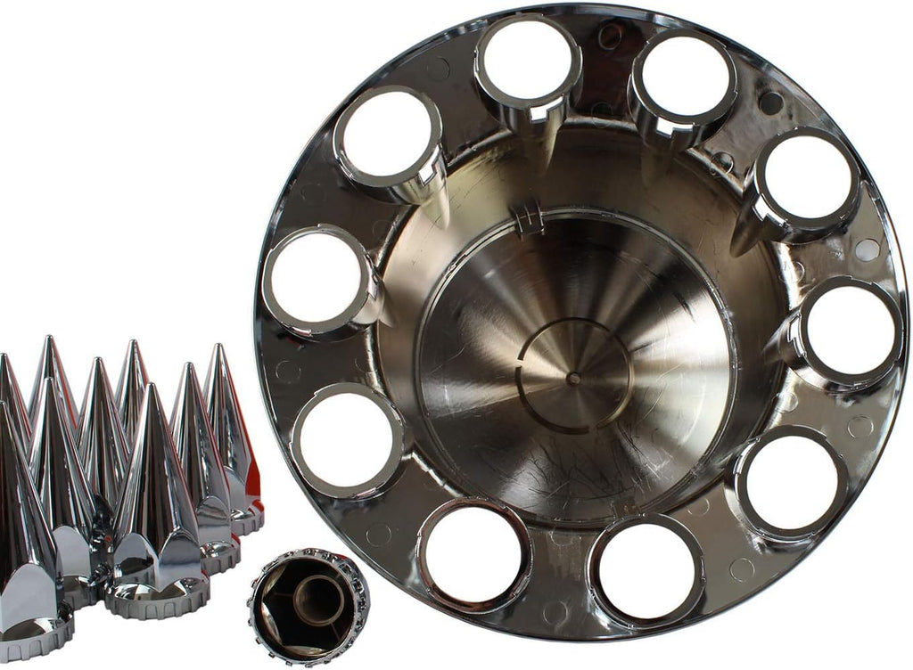 MRJLK Chrome ABS Complete Axle Cover Set with Hub Caps and 33mm Screw-On Spiked Lug Nut Covers for Semi Trucks (2 Front and 4 Rear)