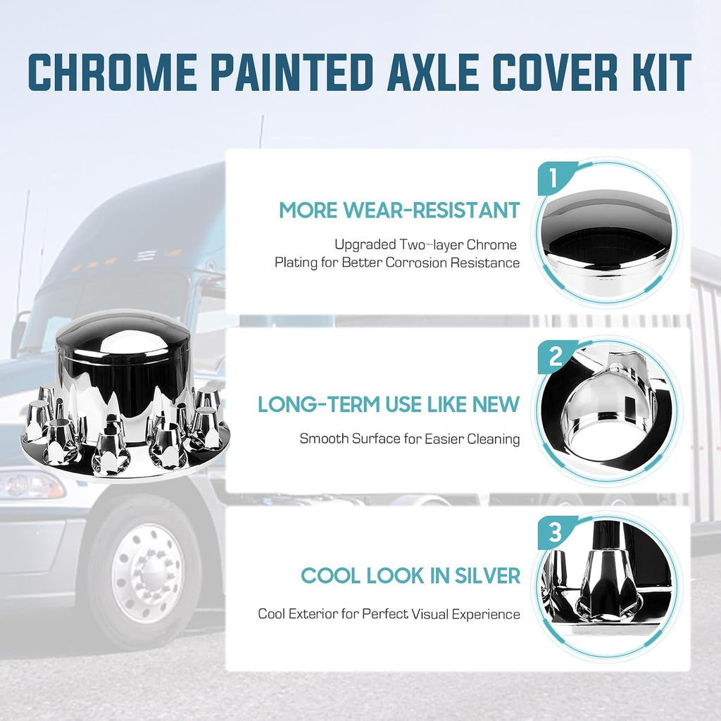 Rear Axle Wheel Covers Kit 33mm Axle Cover Chromed Thread-On Standart Lug Nut Covers with Removable Hub Caps for Semi Truck (Installation Tool Included)