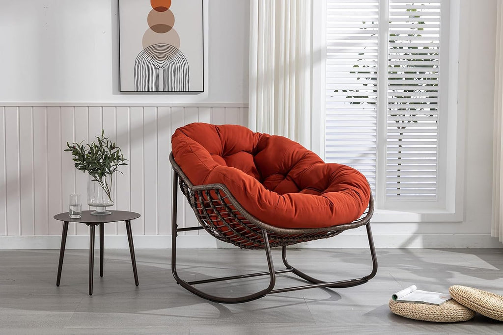 Deolme Large Papasan Rocking Chair with Cushion, Oversized Comfy Reading Chair Lounging Indoor Outdoor Rocker for Front Porch Backyard Bedroom Living Room Egg Chair Rattan (Orange)