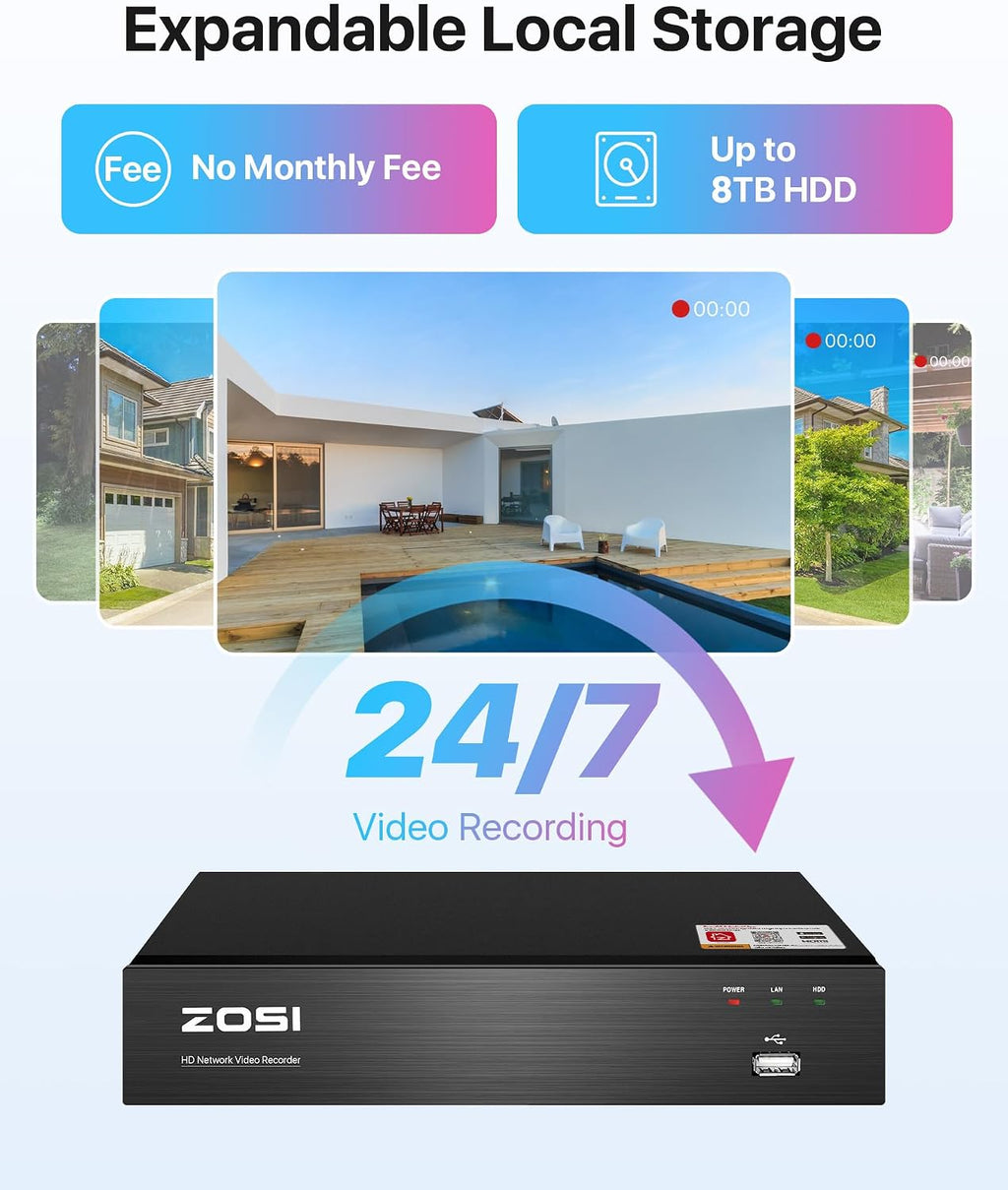 ZOSI 8CH 5MP 2K+ PoE Security Cameras System Outdoor with 2TB Hard Drive,H.265+ 5MP 8Channel NVR System and 4pcs Wired 5MP IP67 Weatherproof 120ft Night Vision PoE IP Cameras for 24/7 Recording
