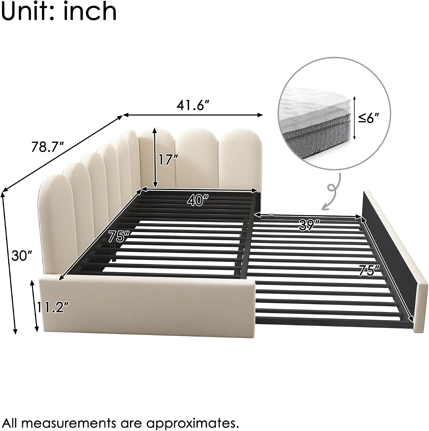 Merax Modern Upholstered Sofa Day Bed with Trundle Bed, Floor Platform Bed Frame with Headboard, No Box Spring Needed/Easy Assemble Twin, Beige