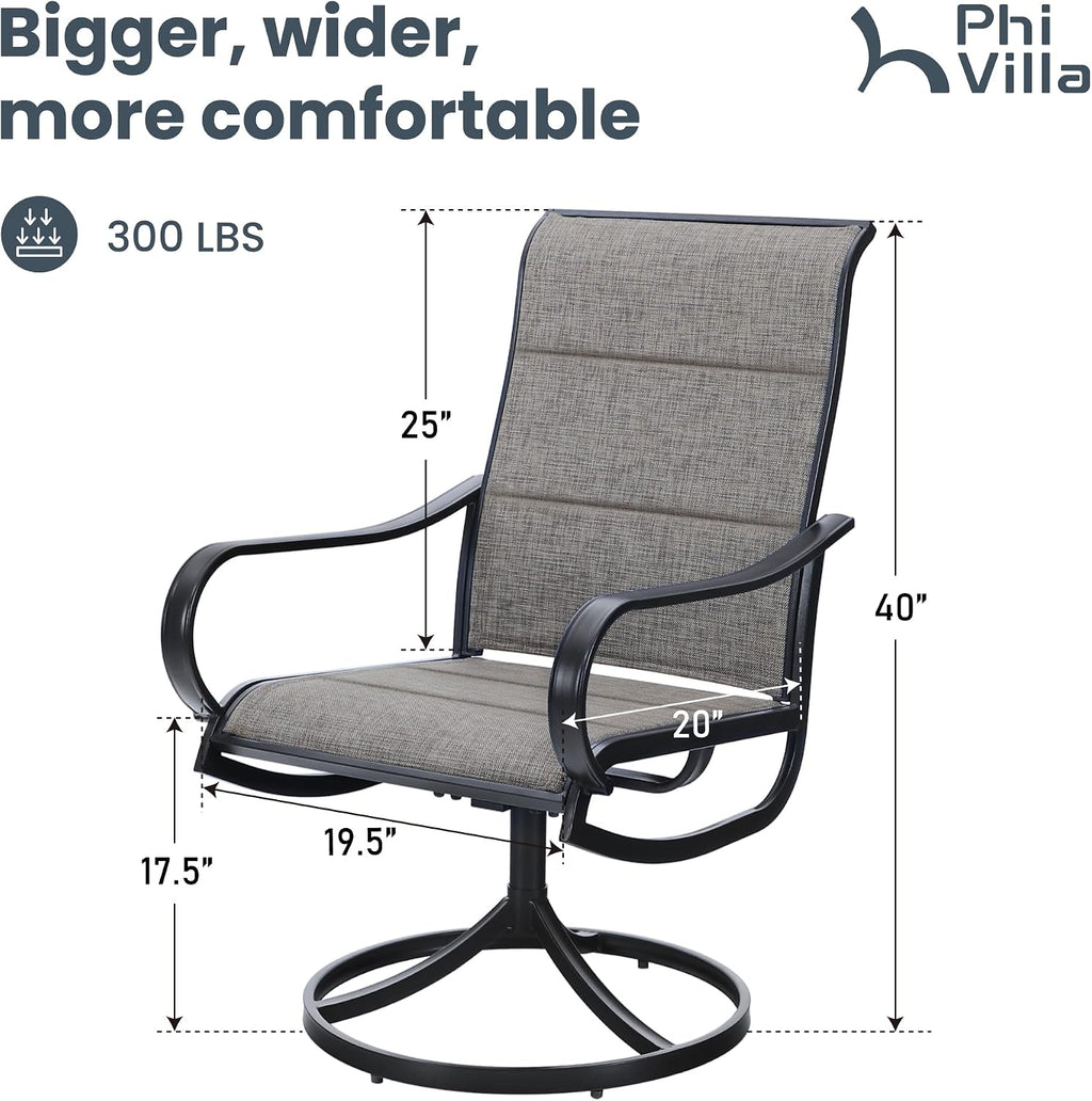 PHI VILLA Outdoor Swivel Patio Dining Chairs Set of 2, All Weather Patio Chair with Padded Textilene & Metal Frame for Outdoor Poolside Lawn Garden, Brown