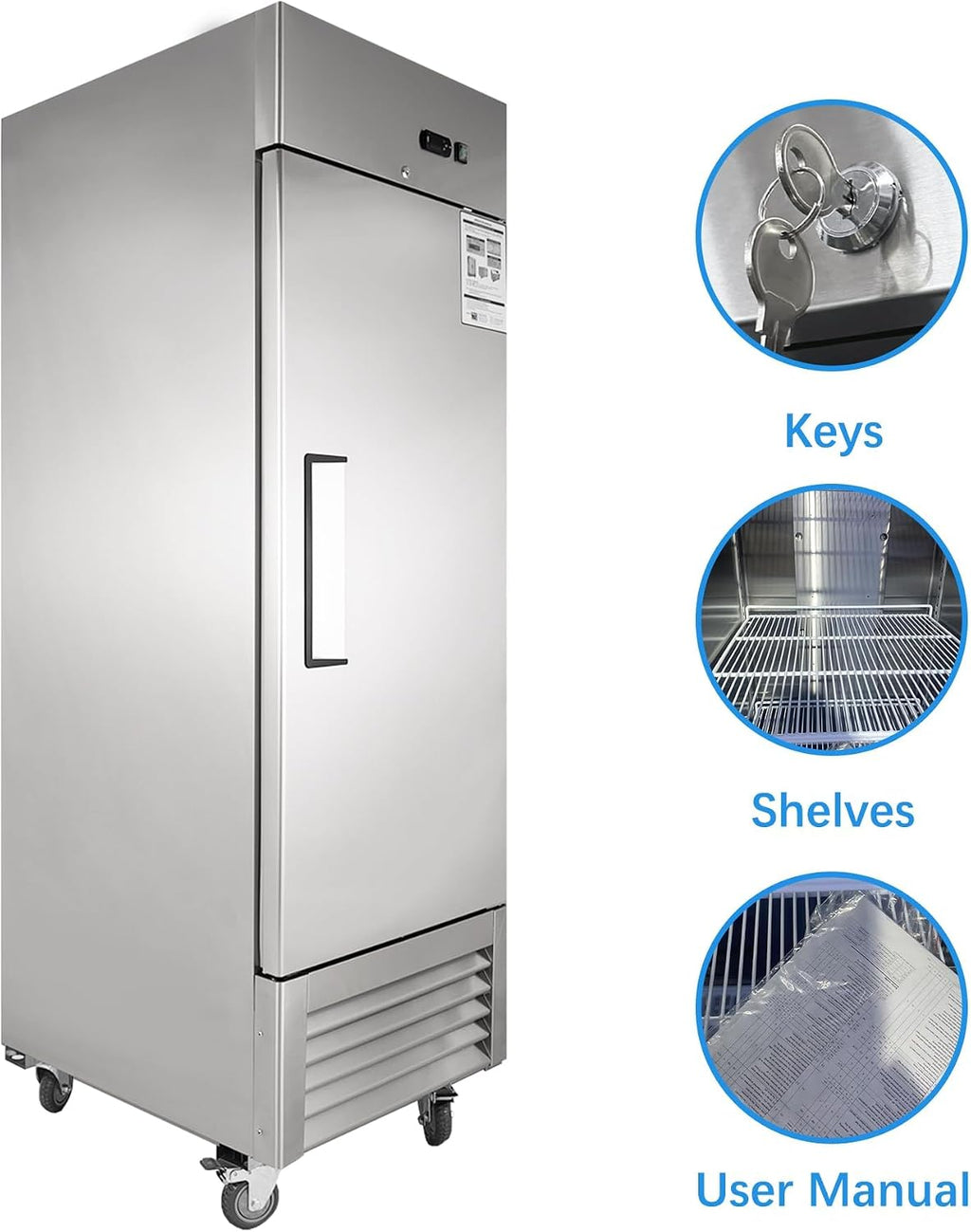 JINSONG 27' Commercial Refrigerator, 23 Cu.Ft Reach-in Stainless Steel Fridge with Single Solid Door for Restaurant, Bar, Shop, or Home Use