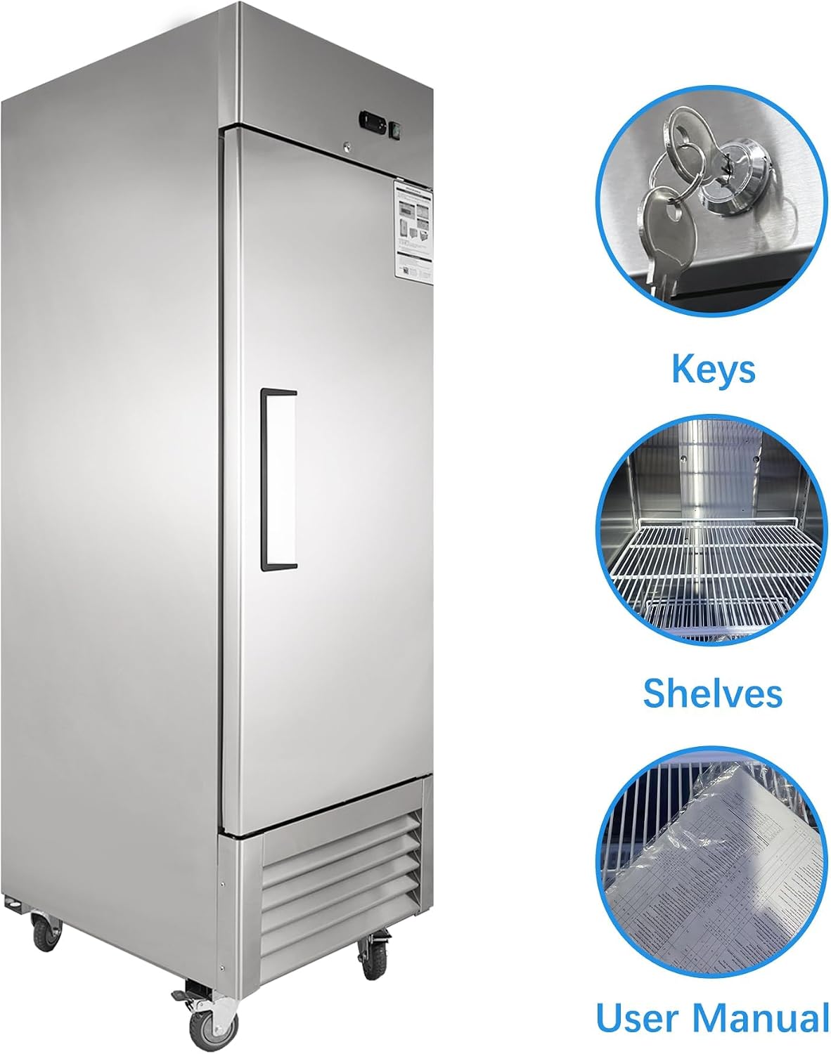 JINSONG 27' Commercial Refrigerator, 23 Cu.Ft Reach-in Stainless Steel Fridge with Single Solid Door for Restaurant, Bar, Shop, or Home Use