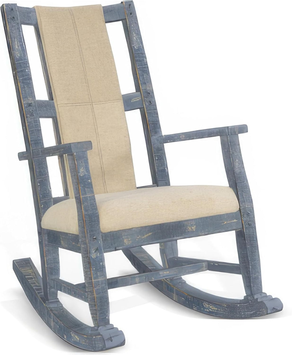 Benzara Rena Rocking Chair- Cushion Seat and Back- Blue Mahogany Mindy Wood