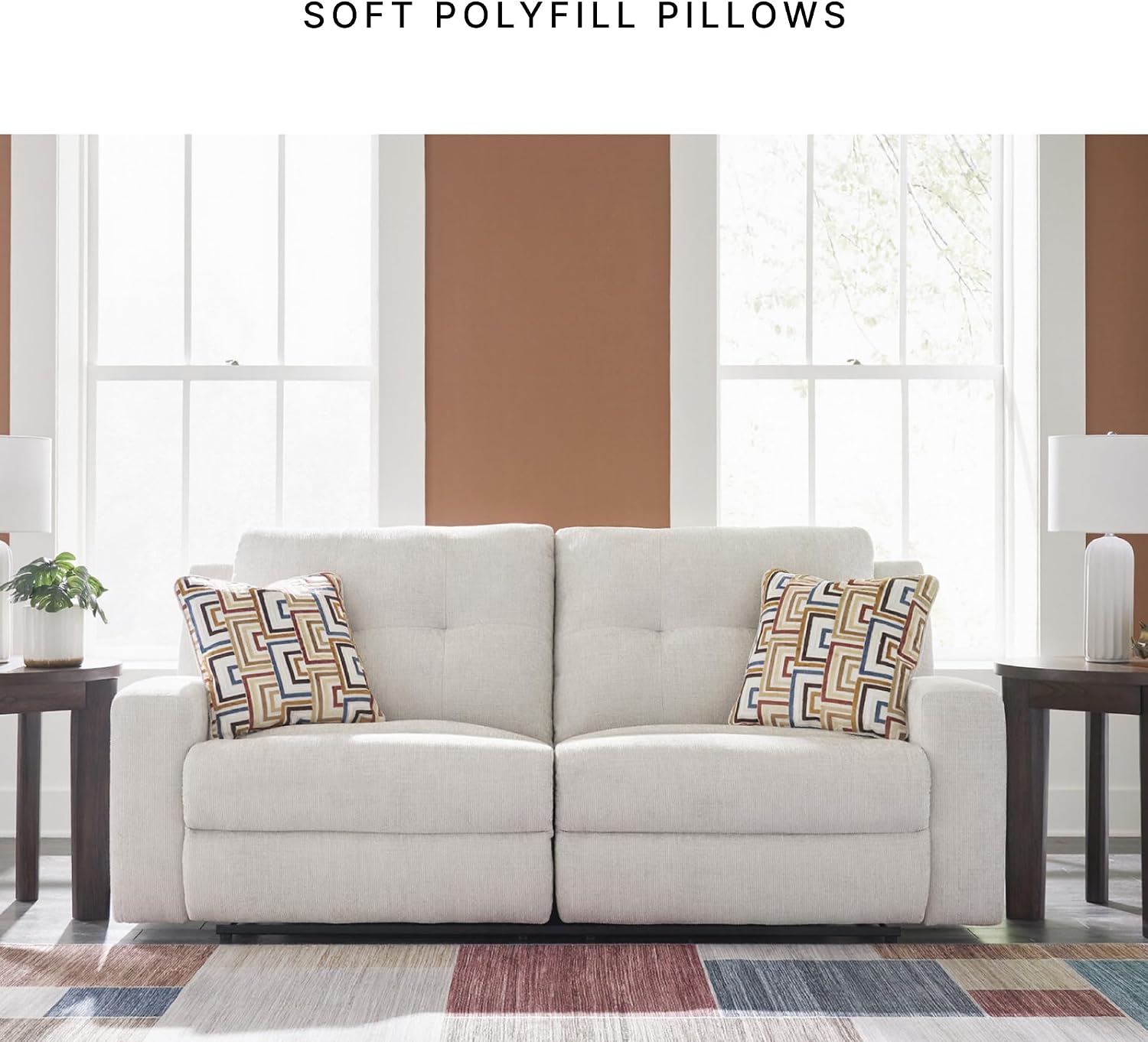 Signature Design by Ashley Danum Modern Tufted Manual Reclining Sofa with 2 Accent Pillows, Beige