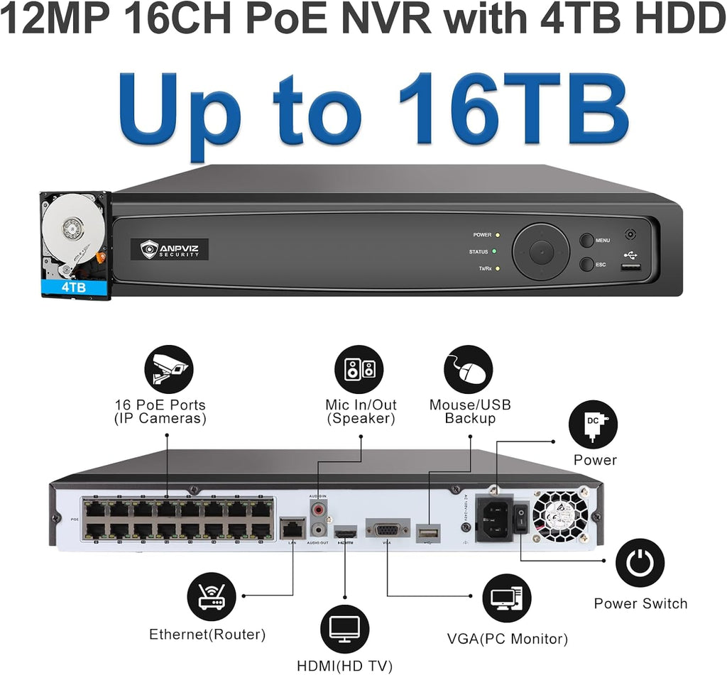 Anpviz 16CH 4K PoE Security Camera System Commercial, 16pcs H.265+ Wired 8MP IP Cameras Outdoor with Mic, Smart Color Night Vision, 12MP/8MP 16Channel PoE NVR with 4TB HDD for 24/7 Recording（H Series）