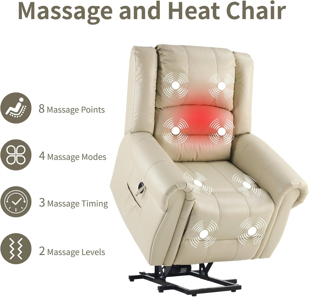 FLEXISPOT Power Lift Recliner Chair for Elderly with Heat & Massage, Faux Leather Electric Reclining Chair for Seniors with USB Ports, Cup Holders & Side Pockets, Cream