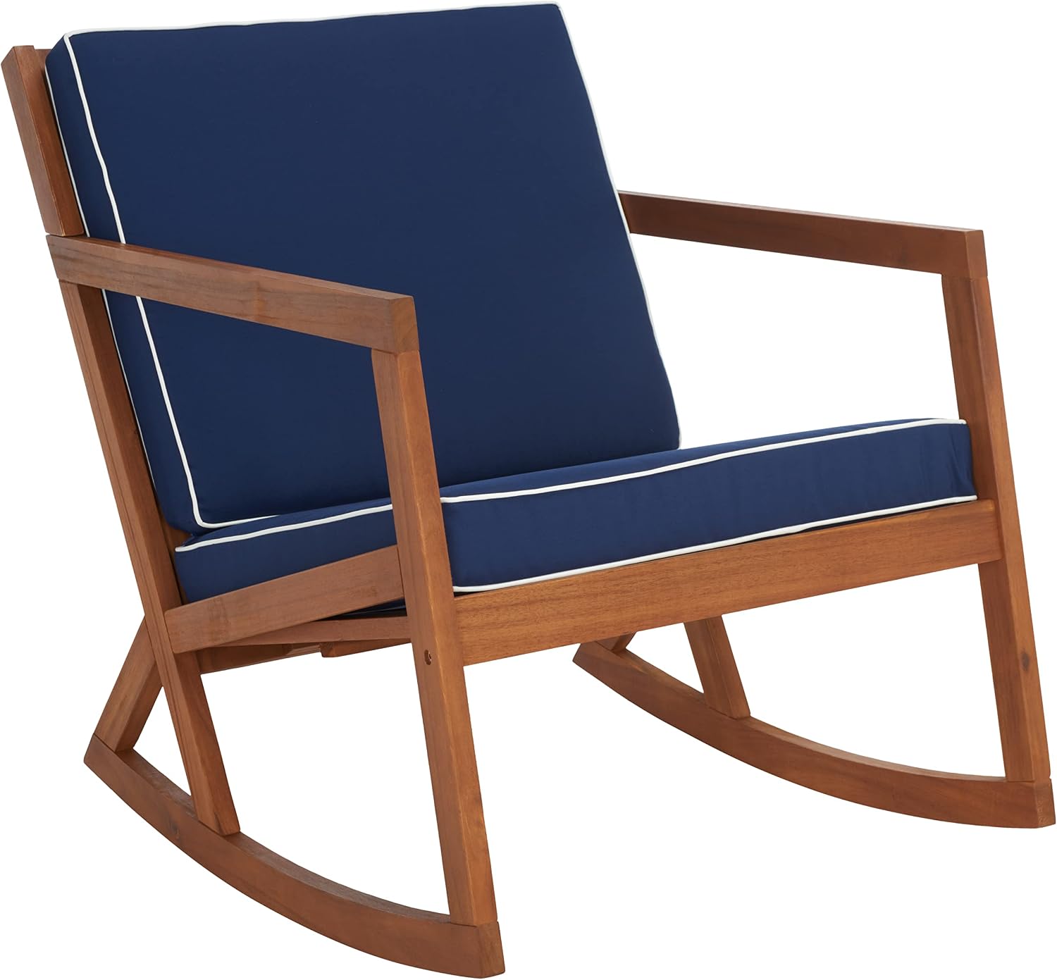 SAFAVIEH Outdoor Collection Vernon Natural/Navy Cushion with White Piping Rocking Chair