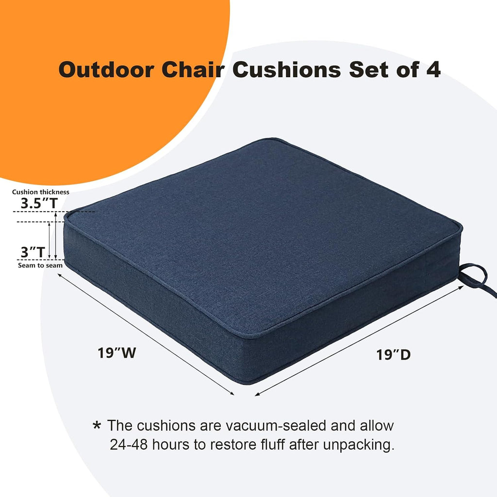 Sunbrella Square Corner Seat Cushions, 19' x 19' x 3', Set of 4, Indoor Outdoor Water Repellent Universal Chair Pads with Ties for Patio Furniture, Garden Dining Chairs, Specrtum Indigo