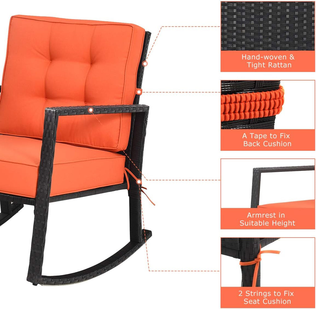 Tangkula Wicker Rocking Chair, Outdoor Rattan Rocker Chair with Heavy-Duty Steel Frame, Patio Furniture Seat with 5' Thick Cushion for Garden, Porch, Backyard, Poolside (1, Orange)