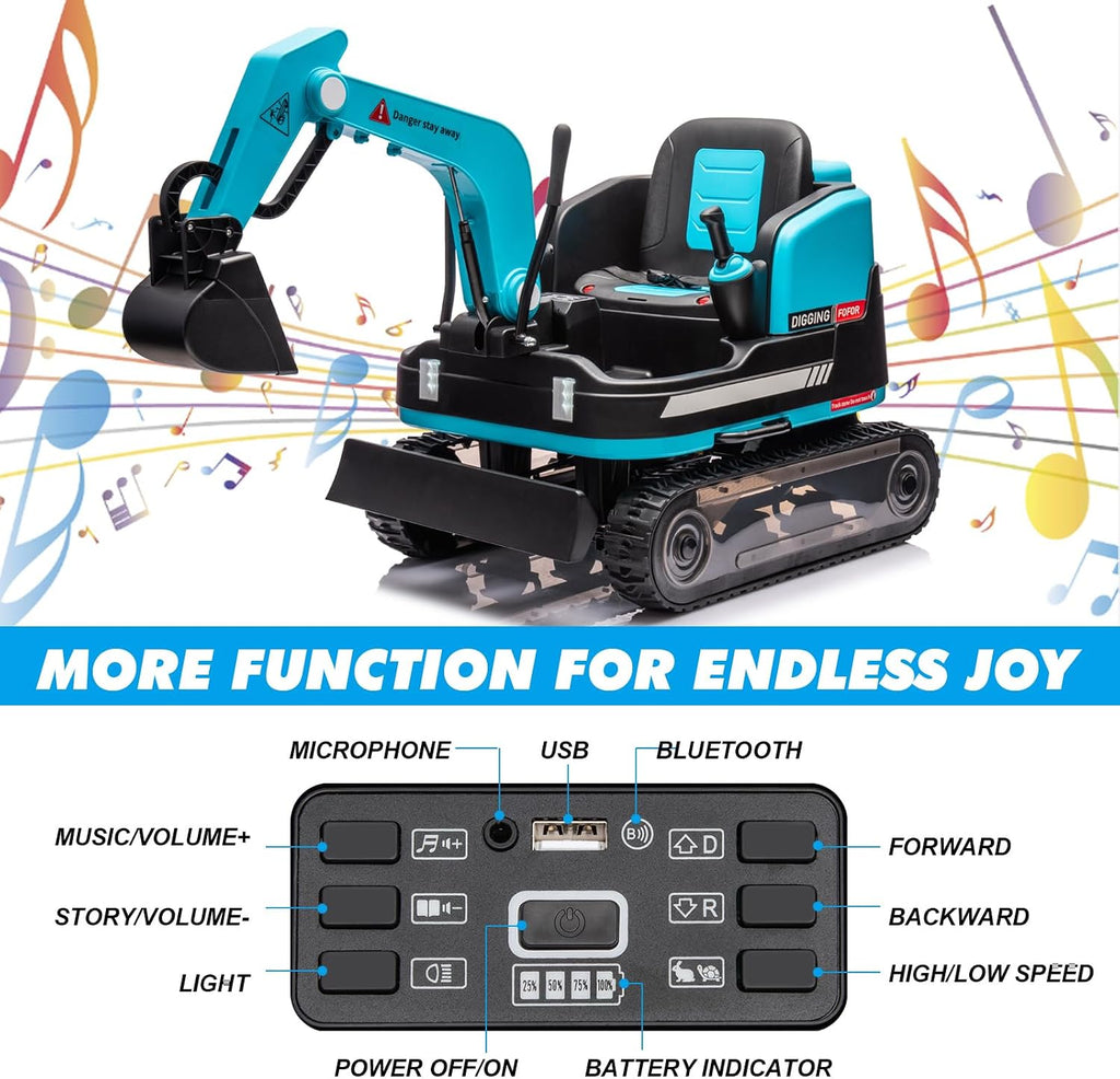 360 Degree Rotating Ride On Excavator and Bulldozer,JOYLDIAS 12V12AH Battery Powered Ride On Toy Backhoe W/Track Design Wheels for All Terrain,Remote Control,MP3,Toolbox for Kids,Parent,Blue