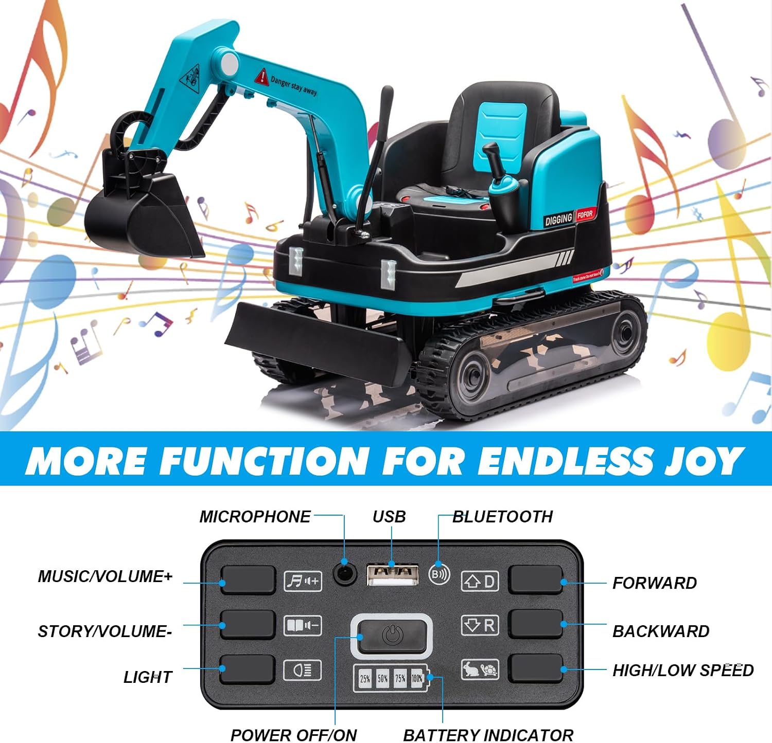 360 Degree Rotating Ride On Excavator and Bulldozer,JOYLDIAS 12V12AH Battery Powered Ride On Toy Backhoe W/Track Design Wheels for All Terrain,Remote Control,MP3,Toolbox for Kids,Parent,Blue