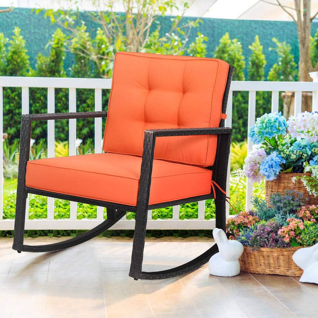 Tangkula Wicker Rocking Chair, Outdoor Rattan Rocker Chair with Heavy-Duty Steel Frame, Patio Furniture Seat with 5' Thick Cushion for Garden, Porch, Backyard, Poolside (1, Orange)