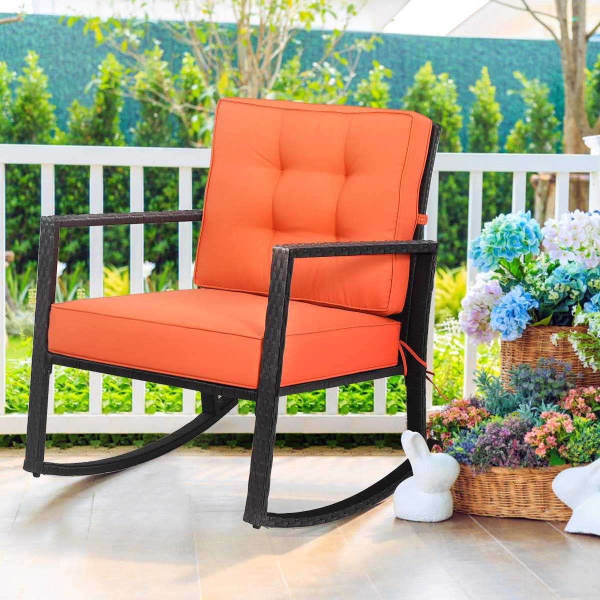 Tangkula Wicker Rocking Chair, Outdoor Rattan Rocker Chair with Heavy-Duty Steel Frame, Patio Furniture Seat with 5' Thick Cushion for Garden, Porch, Backyard, Poolside (1, Orange)