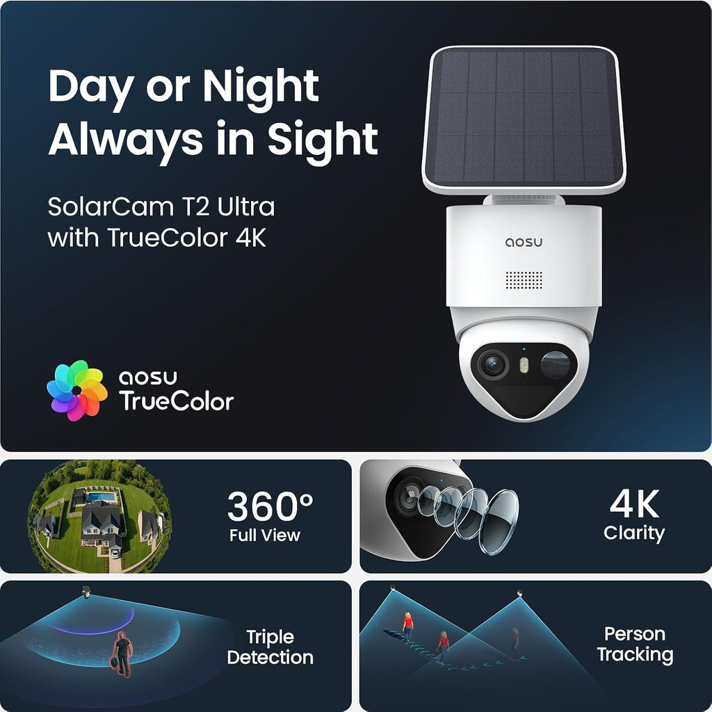 aosu T2 Ultra 4K Security Cameras Wireless Outdoor, TrueColor Night Vision, AI Triple Detection, 360° Auto Tracking, Solar Powered WiFi Camera for Home Security, 1Pack