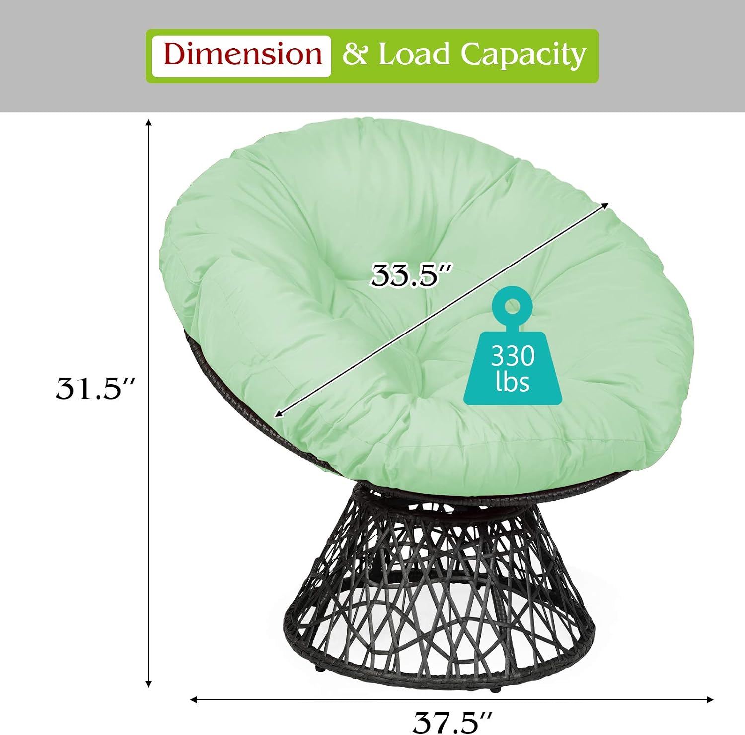 S AFSTAR Papasan Chair with Fabric Cushion, 360-degree Swivel Papasan Chair with Detachable Round Cushion & Wicker Cross Frame, Saucer Chair Moon Chair for Outdoor Patio Indoor Bedroom (Green)