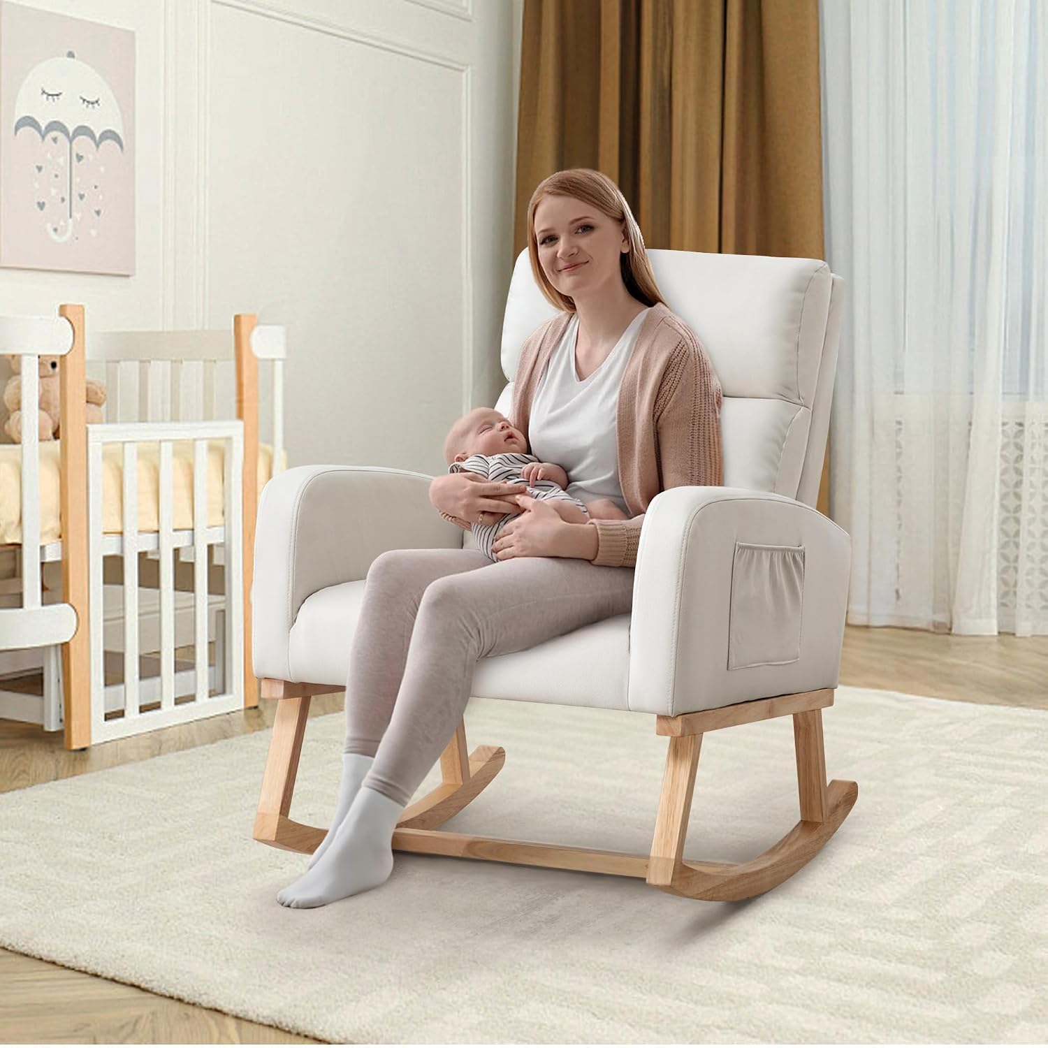 HCHAIRH Rocking Chair Nursery, Modern Nursing Glider Rocking Chairs Comfy Rocker Armchair with Solid Wood Legs for Nursery Living Room, Bedroom (Pu Beige)