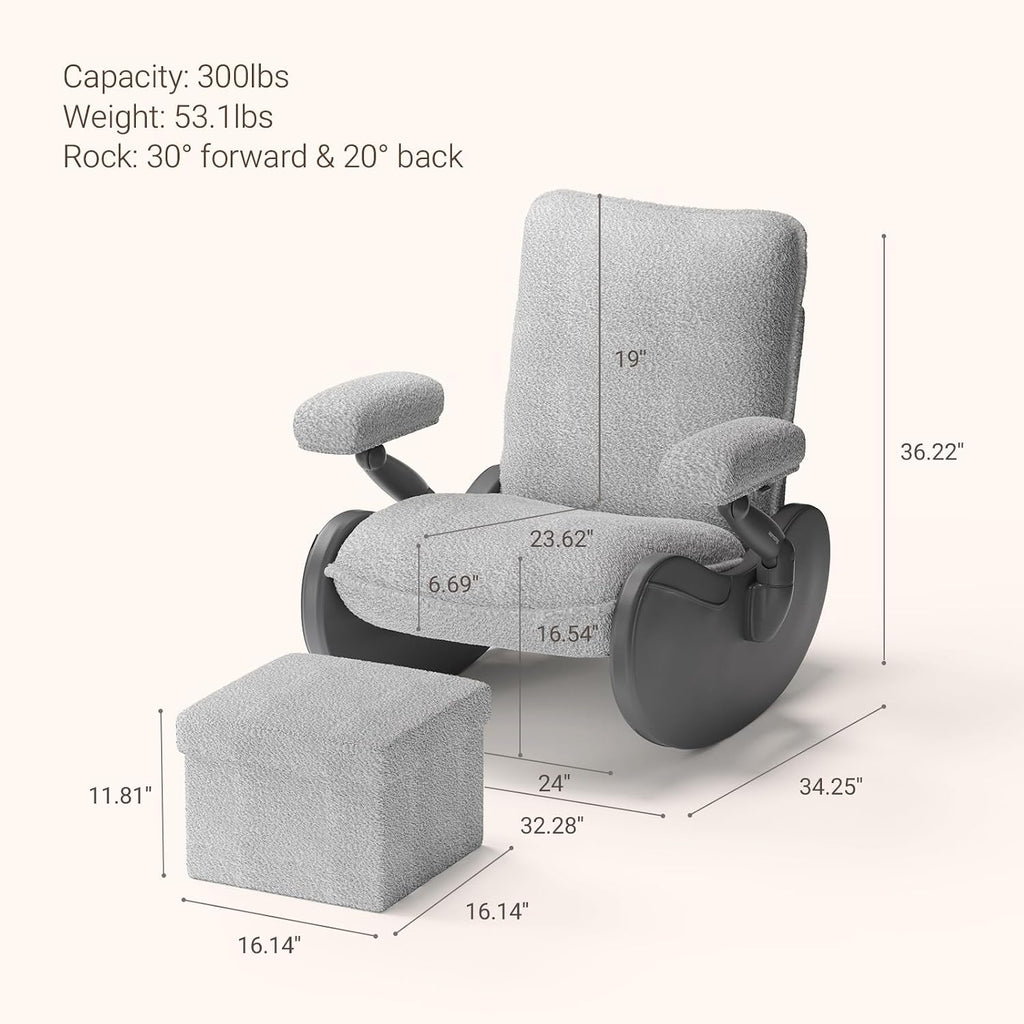 MAMAZING Lullabud Nursery Rocking Chair Glider with Ottoman for Breastfeeding, Upholstered Nursing Chair with Removable Cover for Mom and Baby, Reading Chair for Bedroom, Living Room(Black/Grey)