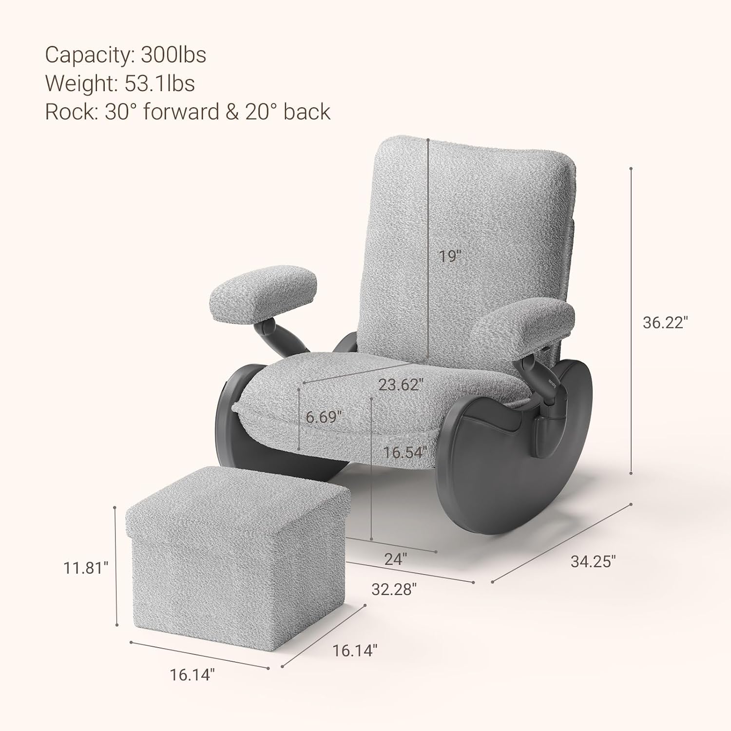 MAMAZING Lullabud Nursery Rocking Chair Glider with Ottoman for Breastfeeding, Upholstered Nursing Chair with Removable Cover for Mom and Baby, Reading Chair for Bedroom, Living Room(Black/Grey)