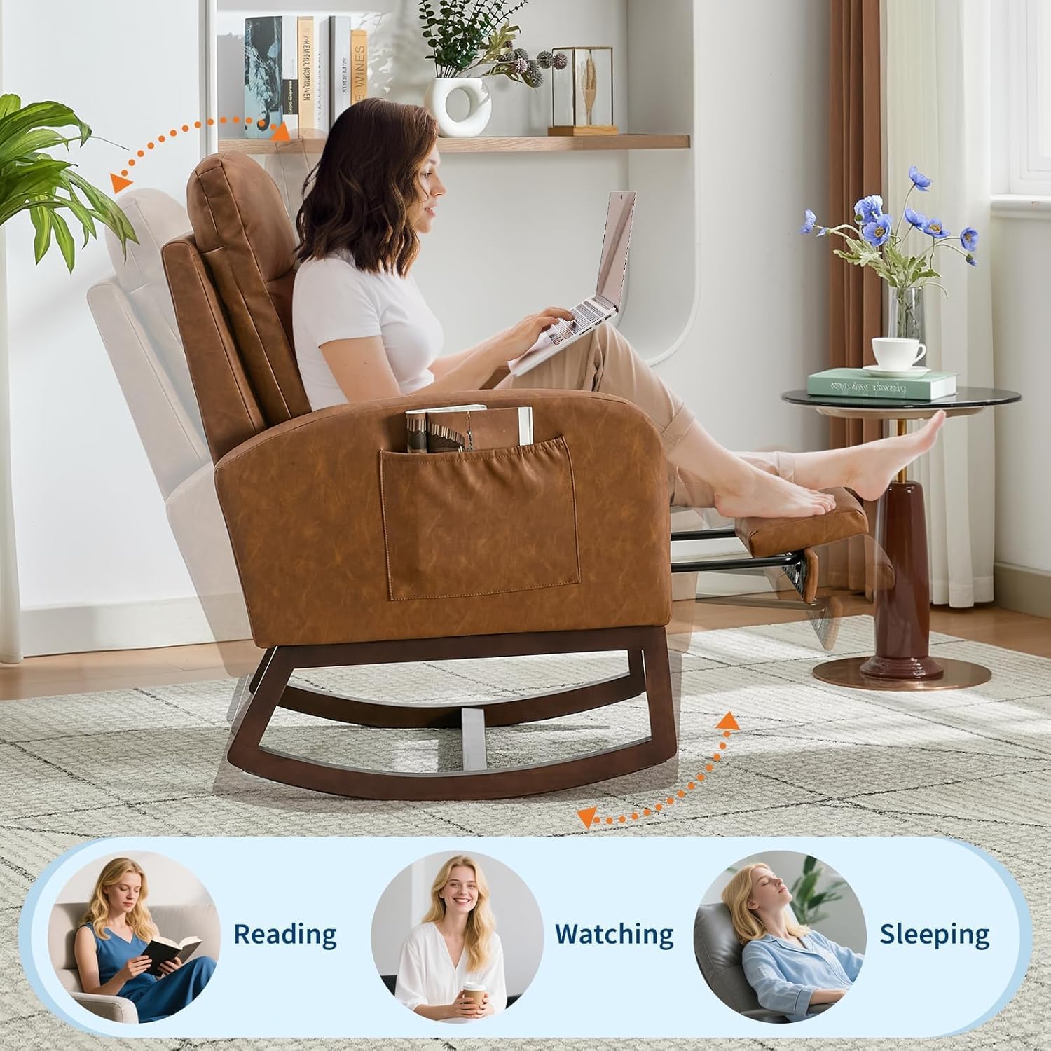 Rocking Nursery Chair for Mom Nursery,PU Rocking Chairs with Foot Rest,High Backrest& Wood Legs and Side Pocket for Living Room,Bedroom,Recliner Armchair,Brown