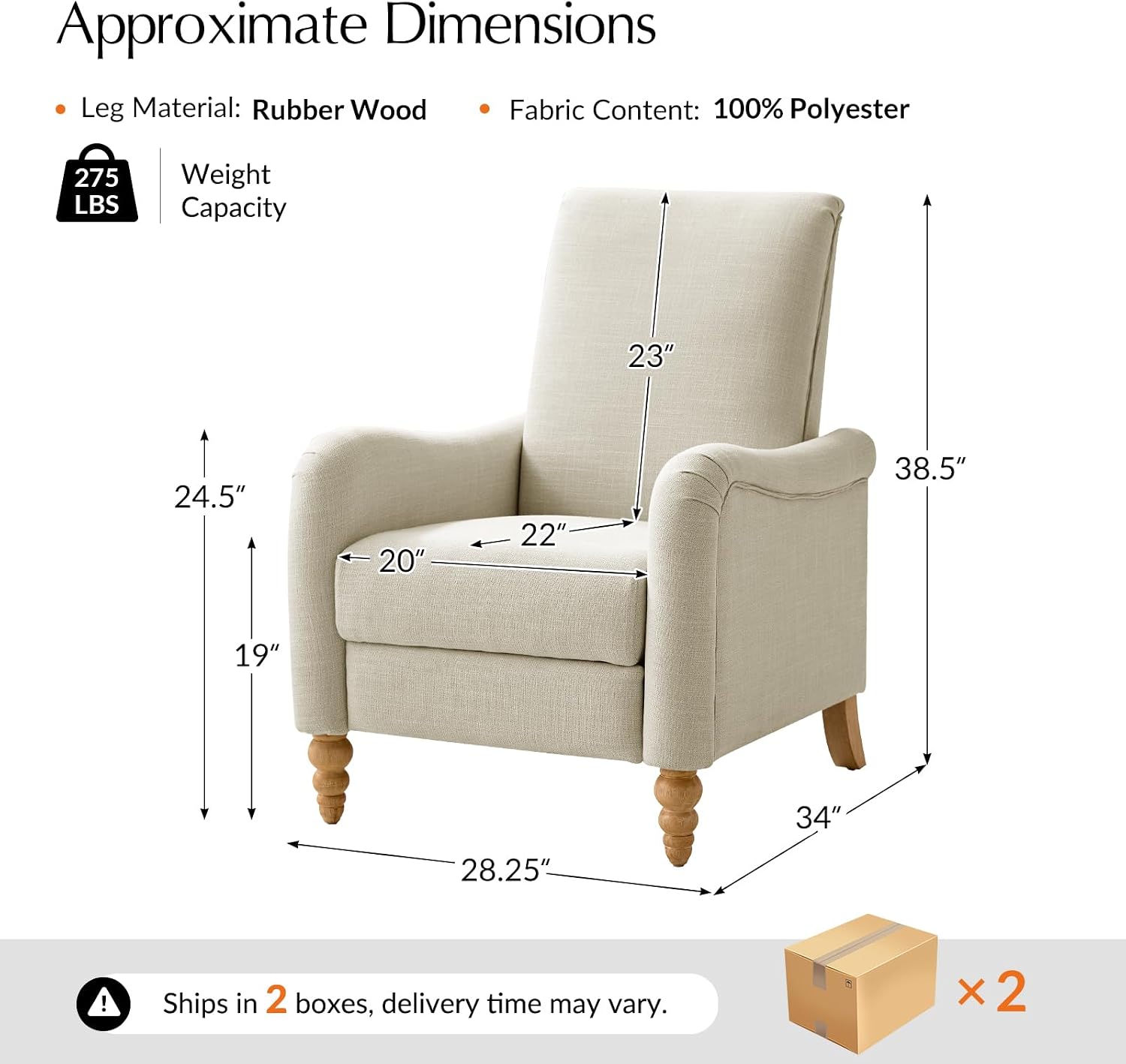 HULALA HOME Farmhouse Recliner Chairs Set of 2 with Solid Wood Spindle Legs, Curved Push Back Recliner Armchairs with Adjustable Backrest & Footrest, Comfy High Back Lazyboy Single Sofas, Linen