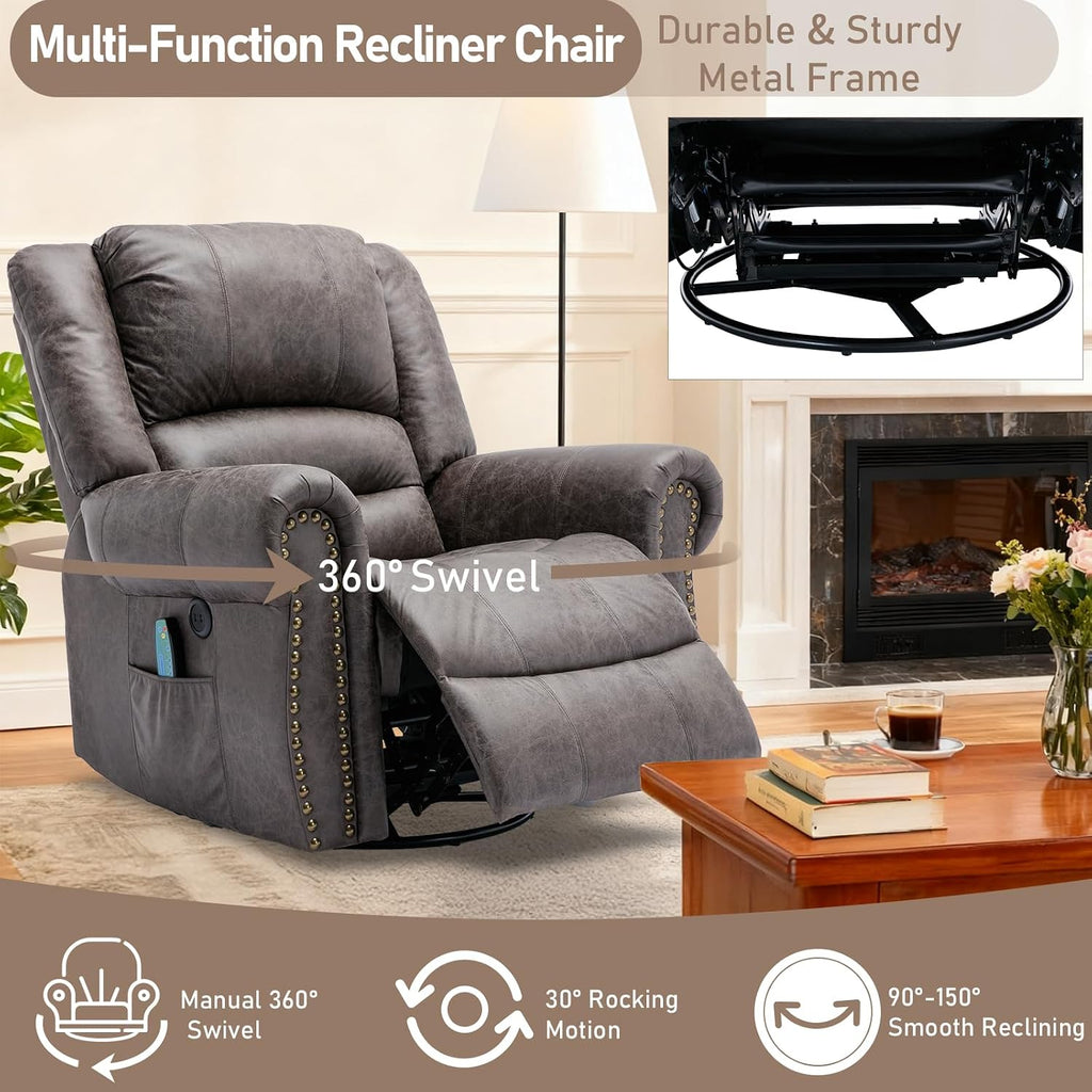 Manual Massage Swivel Rocker Recliner with Heat and Vibration, 360° Swivel Glider Rocking Recliner Chair, Classic Living Room Lounge Recliners with Side Pockets & USB Ports, Grey