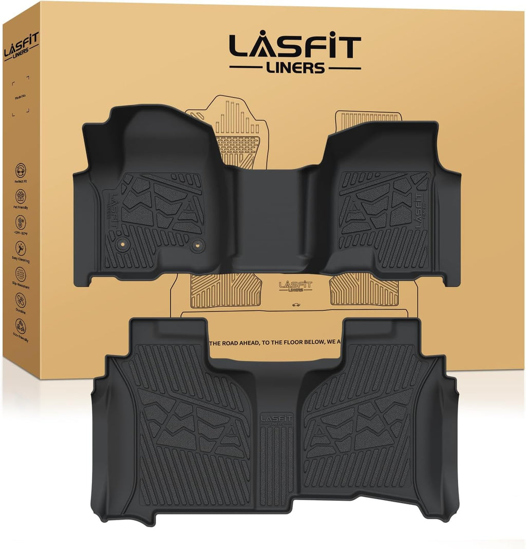 LASFIT Floor Mats 2019-2026 for Chevy Silverado/GMC Sierra 1500, 2020-2026 2500HD 3500HD (Double Cab/Bench Seat/Without Rear Underseat Storage Box) All Weather TPE Custom Fit Floor Liners
