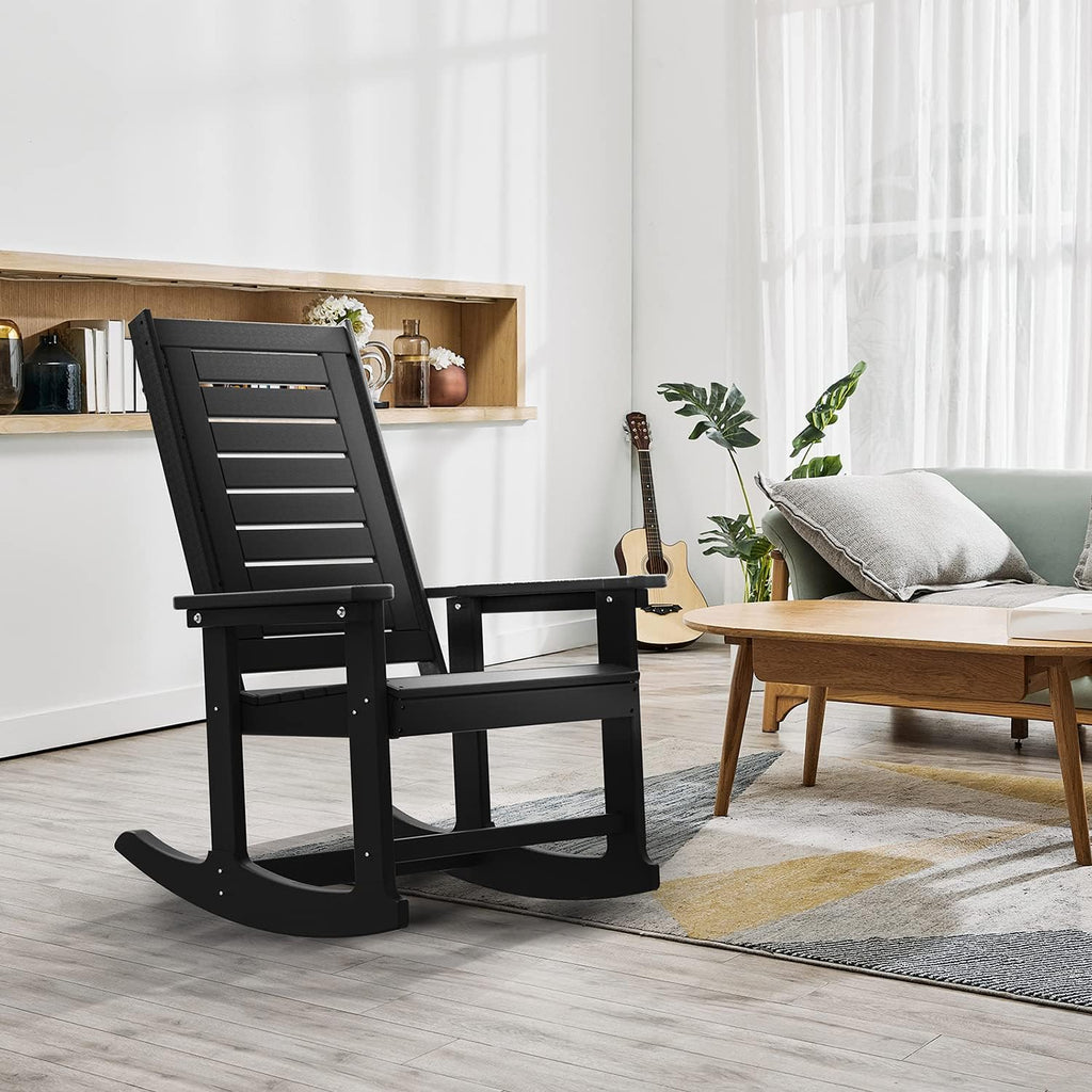 GREENVINES Oversized Rocking Chair, All Weather Resistant Outdoor Indoor Fade-Resistant Patio Rocker Chair，Stable Durable Smooth Rocking, Comfortable Easy to Maintain, Load Bearing 350 lbs (Black)