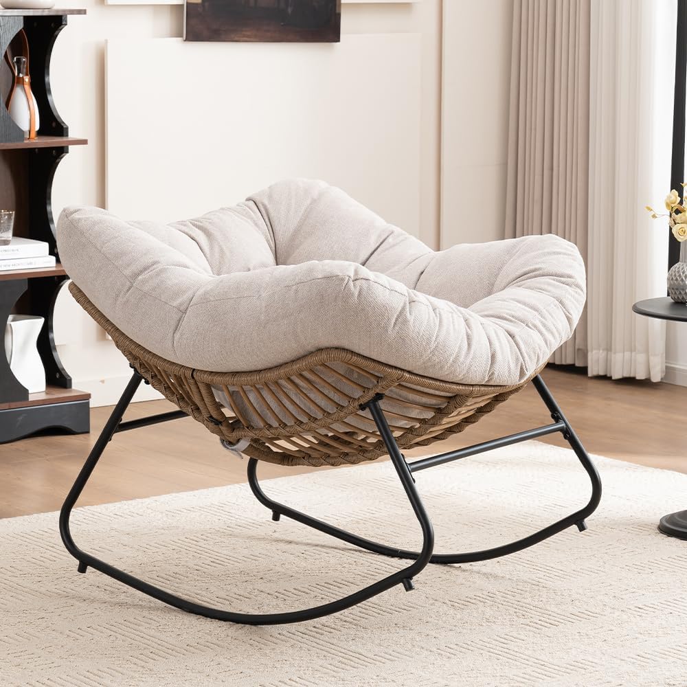 Outdoor Papasan Chair, Oversized Rocking Chair with Cushion and Metal Frame, Patio Lounge Rocking Chair for Balcony Backyard Porch Bedroom Living Room (Light Beige)
