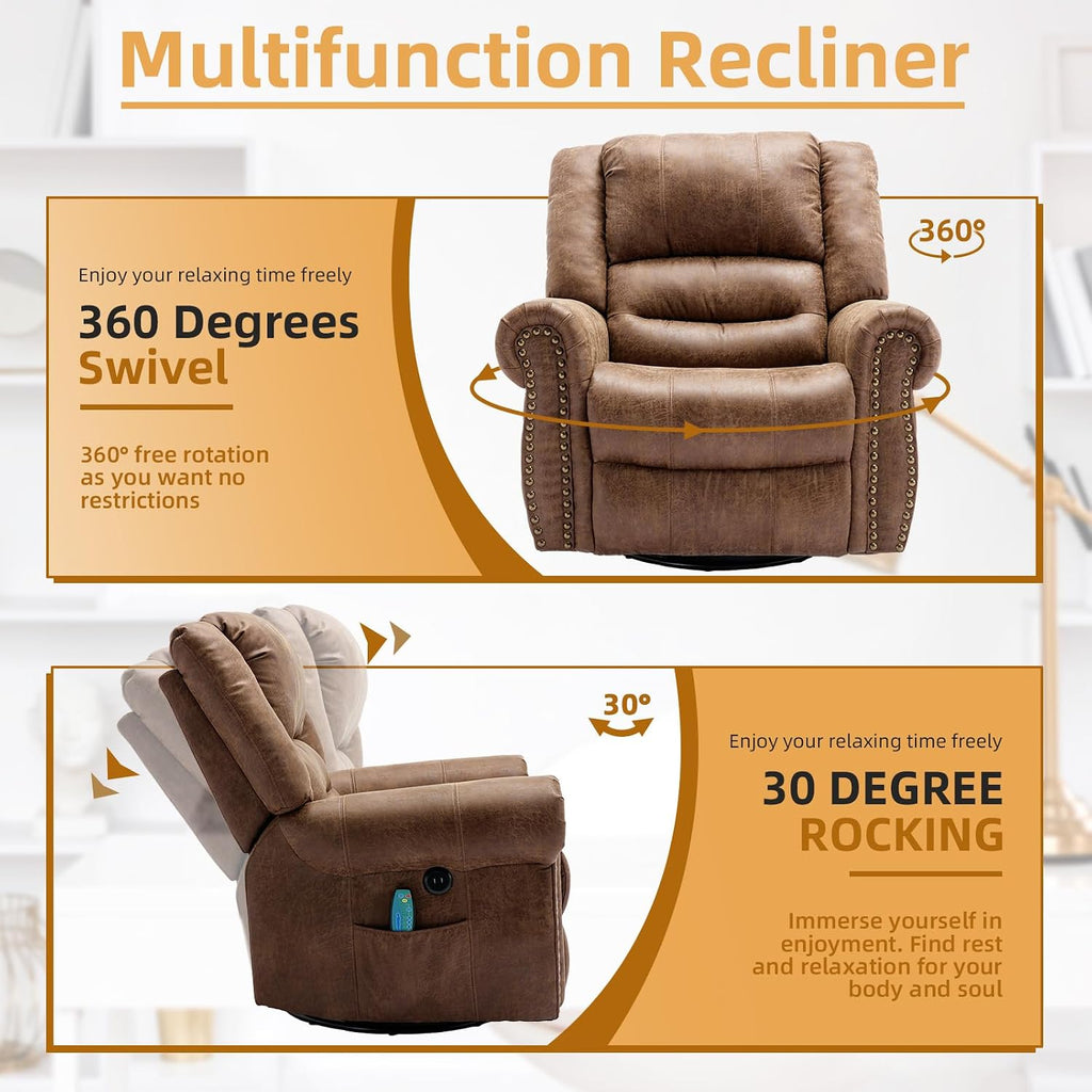 Manual Massage Recliner with Heating Function, 360° Swivel Glider Rocking Recliner Chair for Living Room, Ergonomic Single Sofa Chair with Remote Control/USB Ports/Side Pockets(Brown)