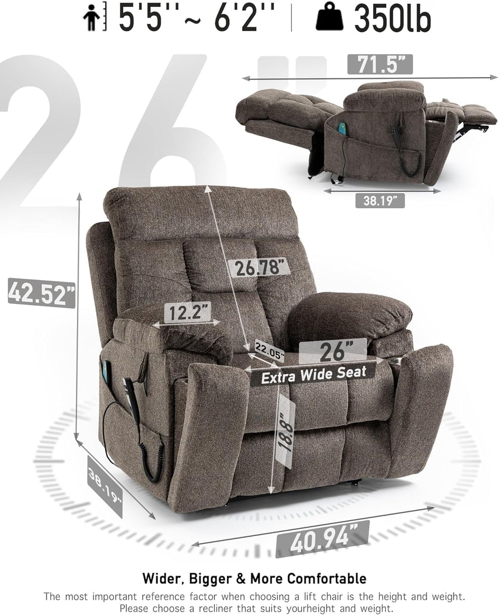 26in Extra Large Lazy Boy Recliner Chair for Tall Men Up to 6'2'/350lb Adjustment Power Lift Recliner Chair with Cupholder, Massage Chair Recliner with Lumbar Heating