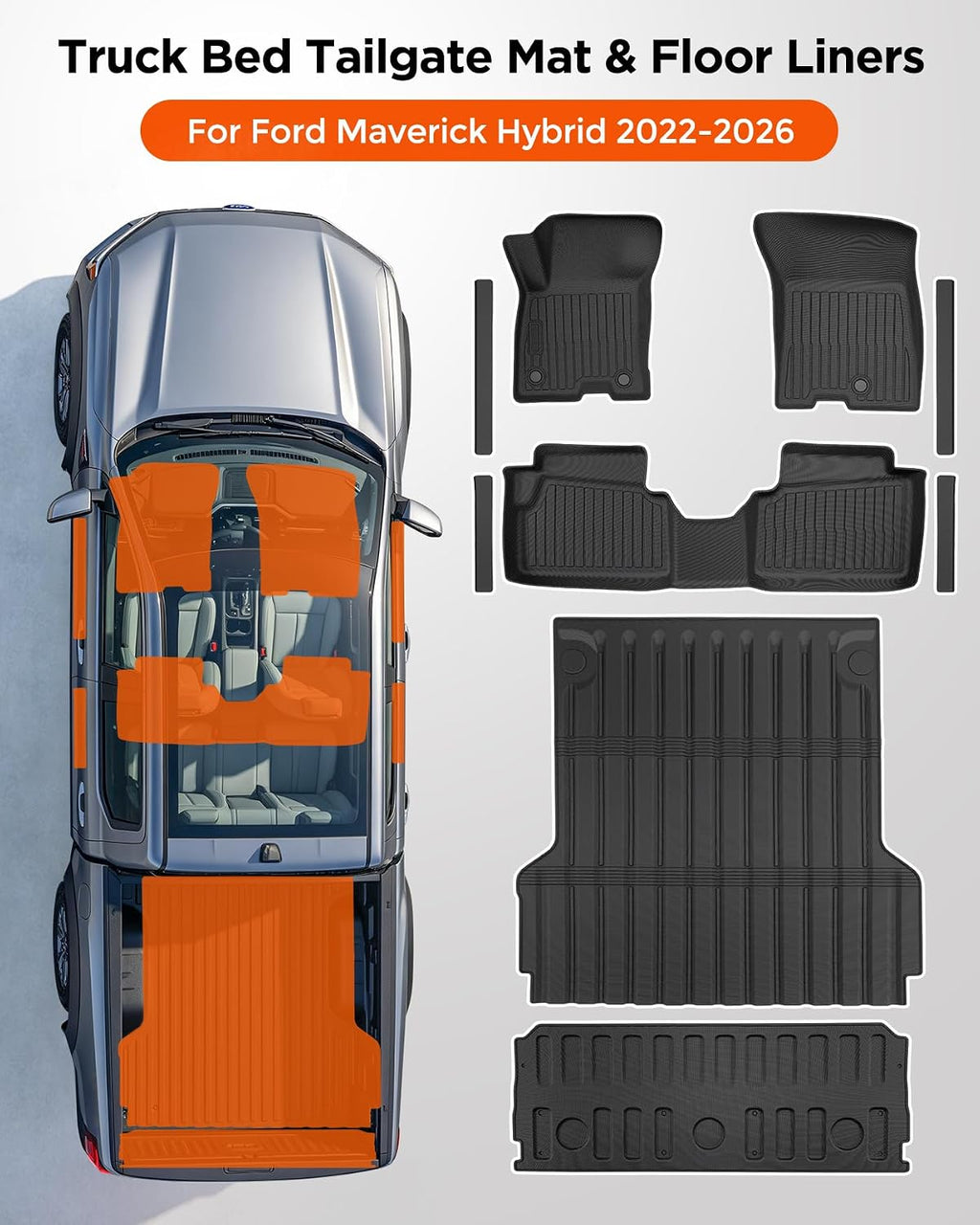 Truck Bed Tailgate Mat & Floor Liners for Ford Maverick Hybrid 2022-2026| Full Set All-Weather Car Rubber Carpet Interior Accessories for Maverick Hybrid 2026 2025 2024 2023 2022 | 9 Pcs
