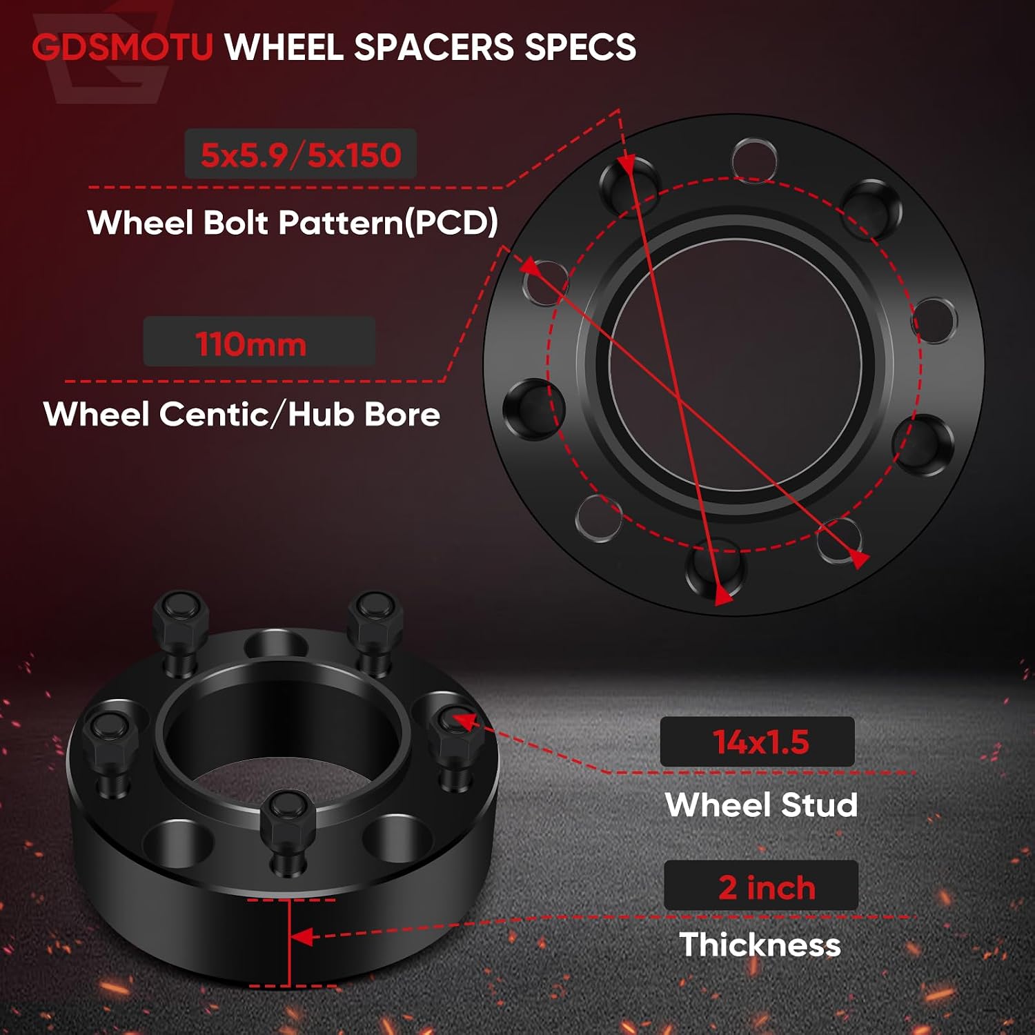 5x150/5x5.9 Hubcentric Wheel Spacers 2' / 4pc with M14x1.5 Studs + 110mm Hub Bore for Toyota Land Cruiser for Sequoia for Tundra Wheel Spacers/for Lexus LX 470 LX 570 Wheel Spacers