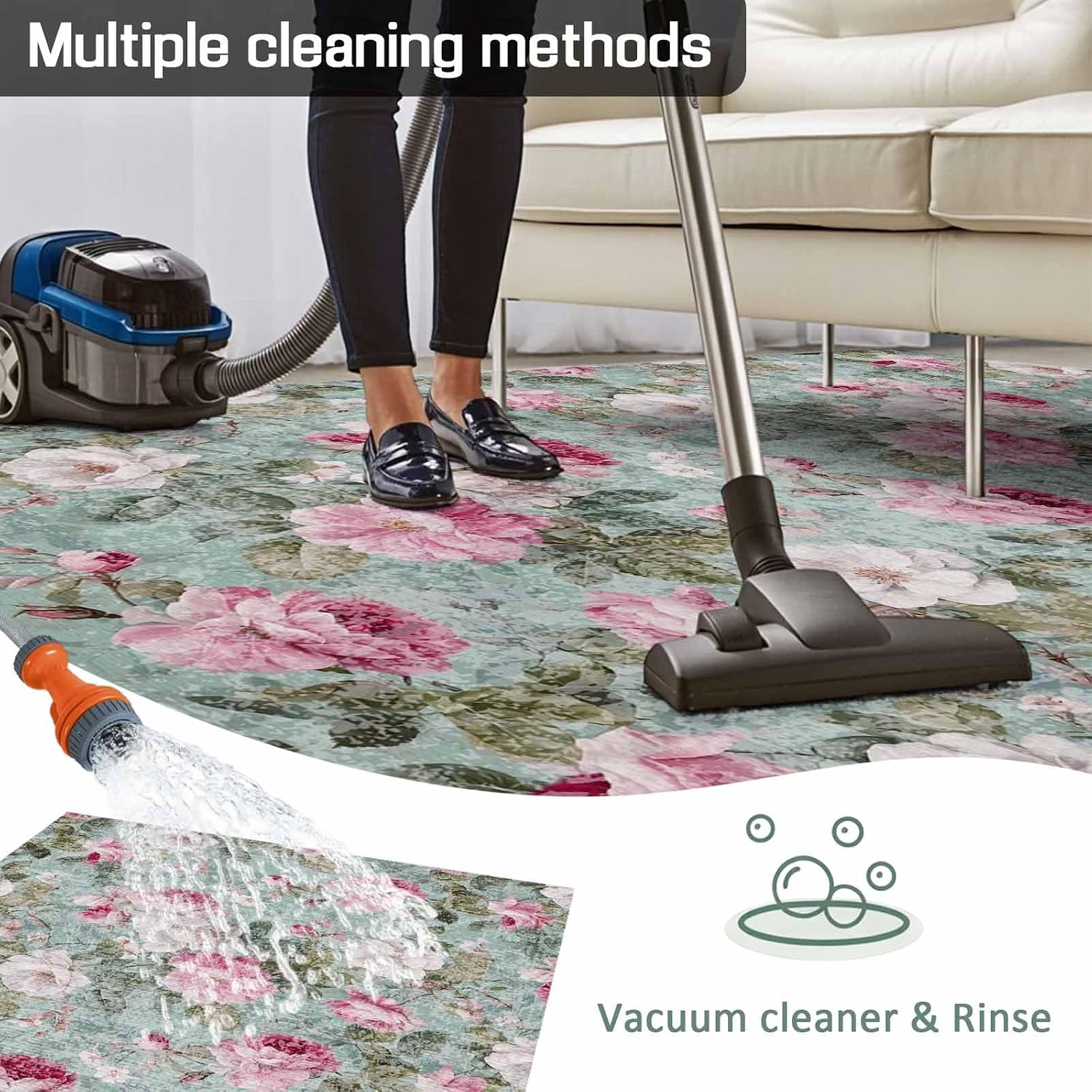 Vintage Spring Floral Outdoor Rug for Patio/Deck/Porch, Non-Slip Large Area Rug 5 x 8 Ft, Botanical Summer Pink Green Indoor Outdoor Rugs Washable Area Rugs, Reversible Camping Rug Carpet Runner