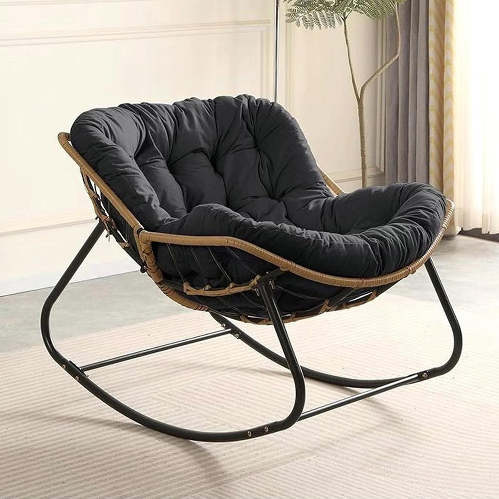 Outdoor Papasan Chair, Oversized Outdoor Rocking Chair with Thick Cushion, Indoor Egg Rocker Lounge Chair, Patio Chairs for Porch Garden Living Room Bedroom (Dark Gray)