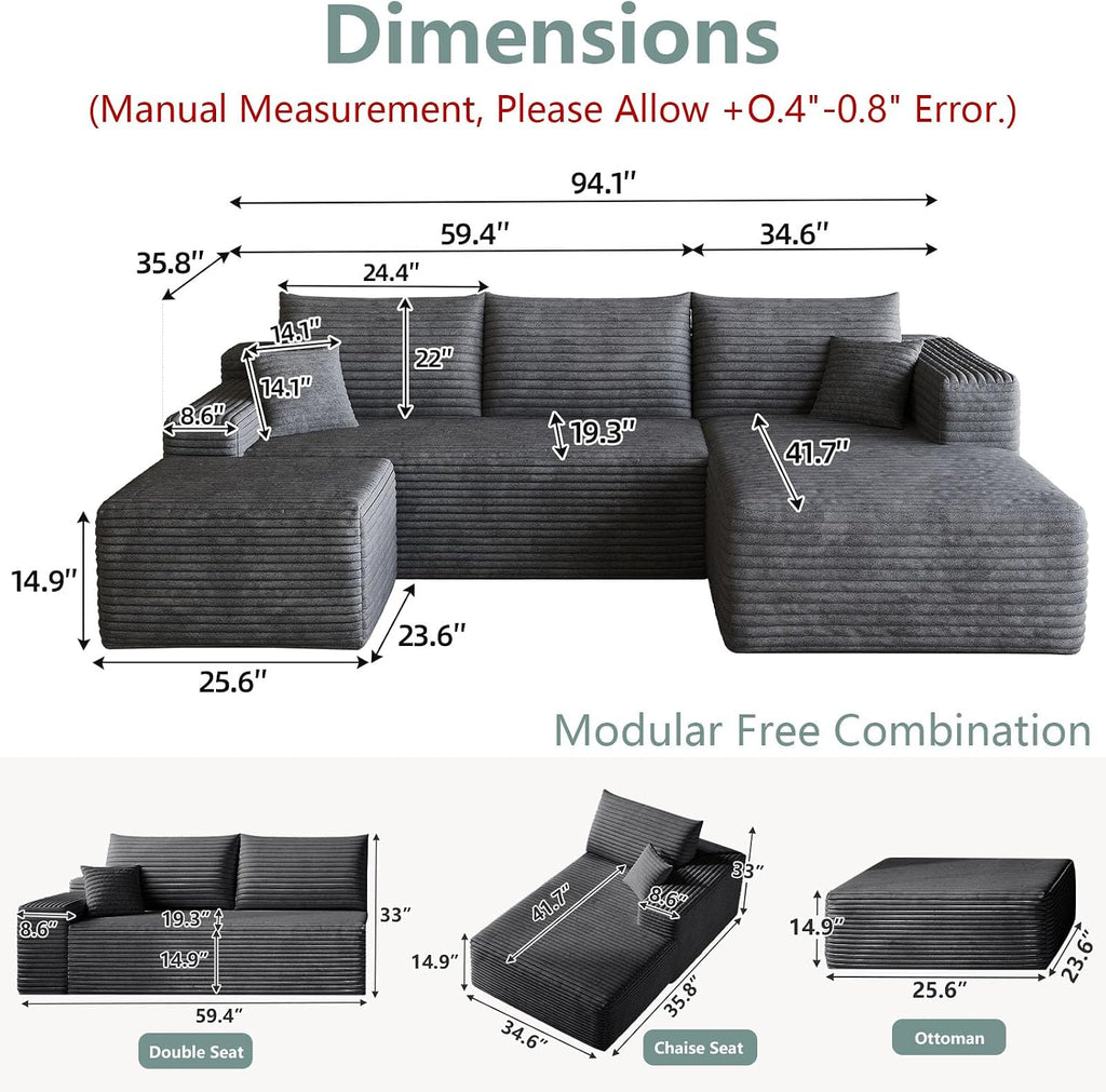 95' Modular Sectional Sofa with Ottoman, Modern Corduroy Cloud Couch Deep Seat, Boneless Couch Upholstered 3-Seater U-Shaped Sofa for Living Room, No Assembly (Dark Gray,Right-Facing Chaise)
