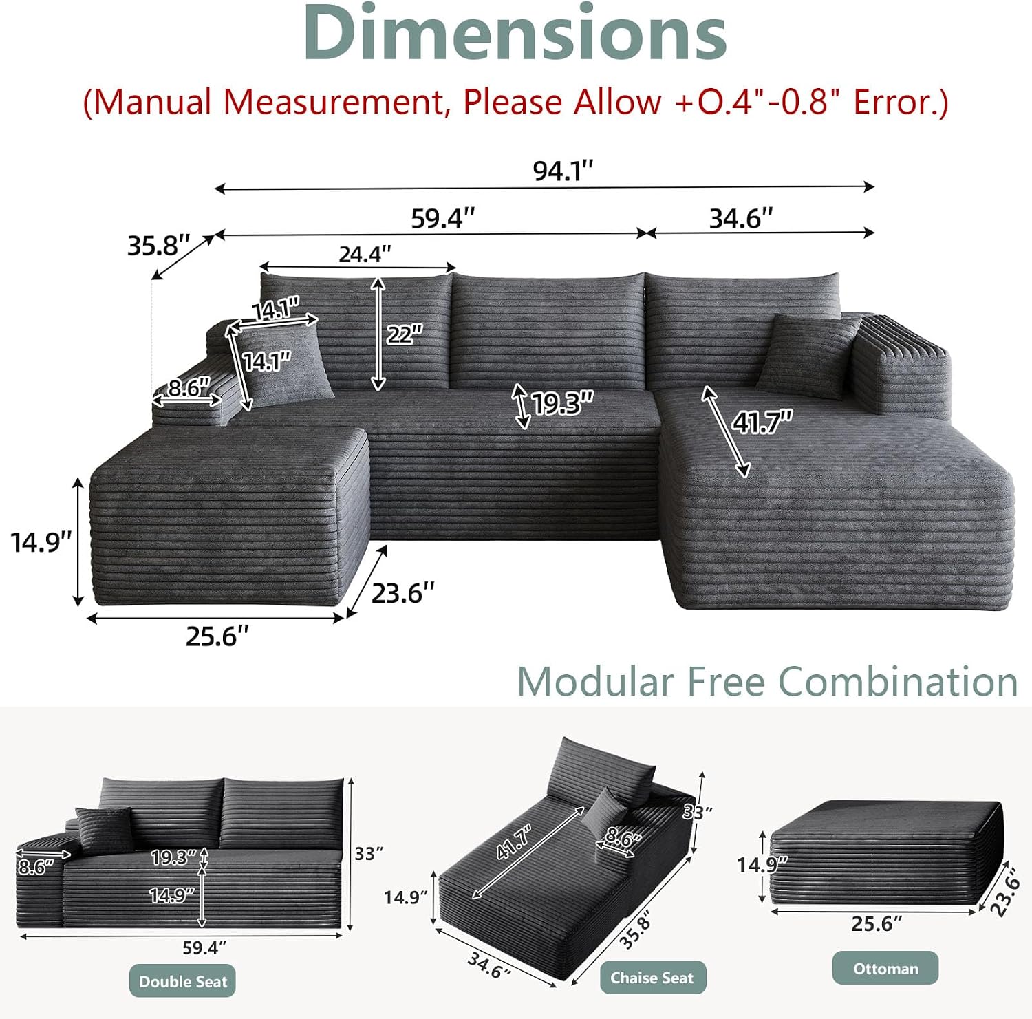95' Modular Sectional Sofa with Ottoman, Modern Corduroy Cloud Couch Deep Seat, Boneless Couch Upholstered 3-Seater U-Shaped Sofa for Living Room, No Assembly (Dark Gray,Right-Facing Chaise)