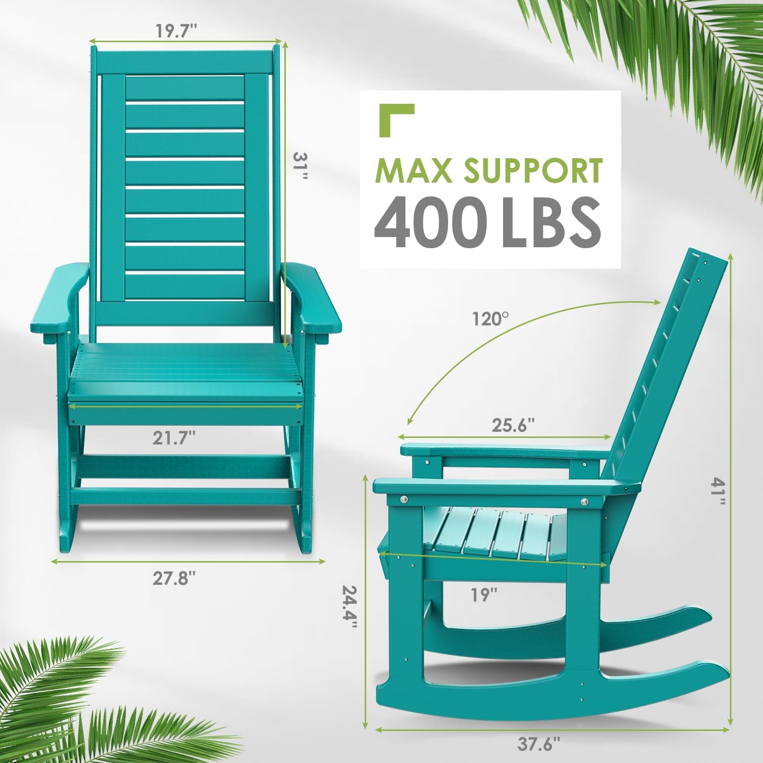 GREENVINES Outdoor Rocking Chair Set | 3-Piece | 2 Rocking Chairs with 1 Side Table | Porch Rocker | HDPE Plastic | Aqua | Patio Furniture Sets | High Back | Big & Tall | Ladder Back