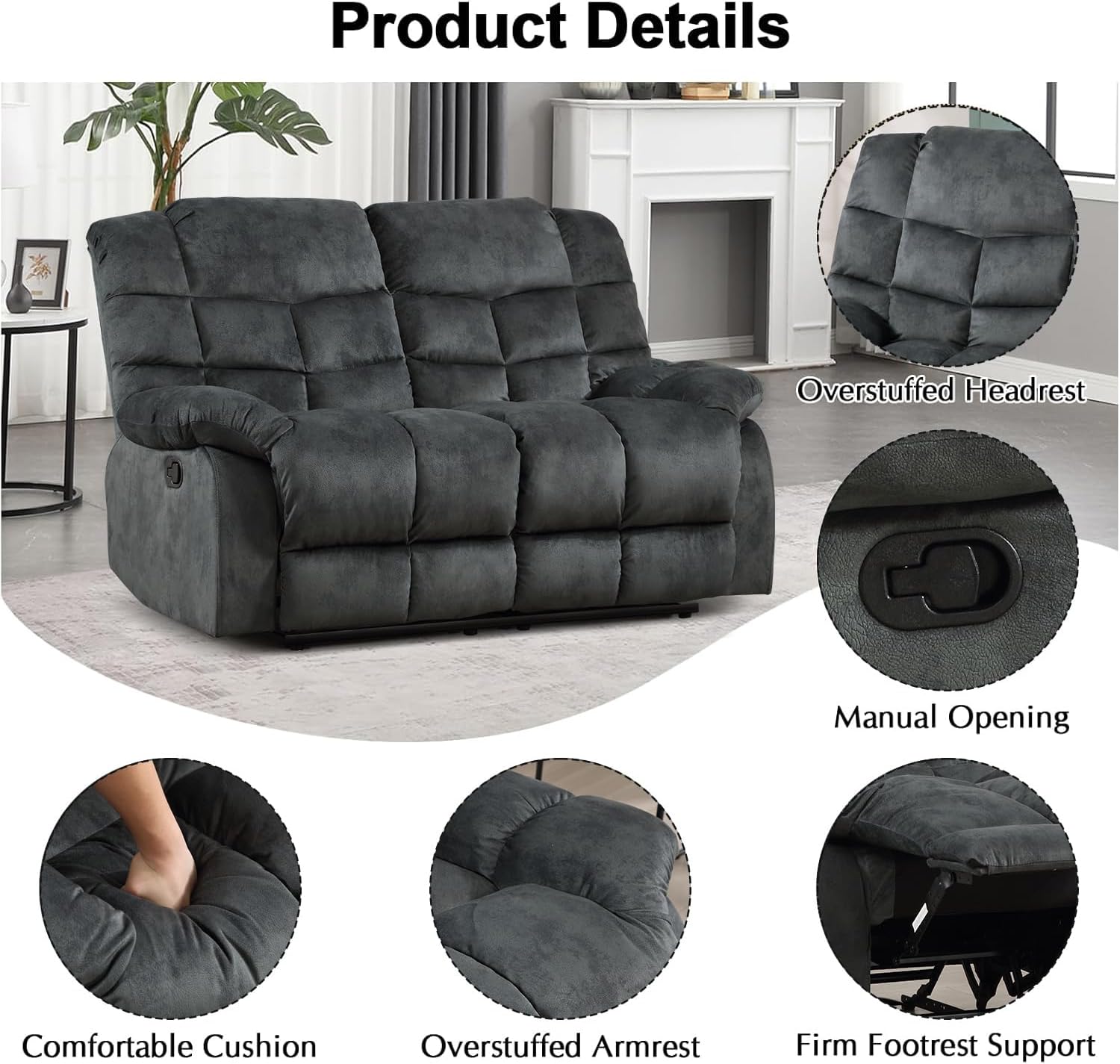 CANMOV Manual Reclining Sofa Set,2 Pieces Sofa Furniture Set for Living Room, Manual Recliner Chair and Recliner Loveseat with Arms for Living Room, Bedroom, Grey(1+2)