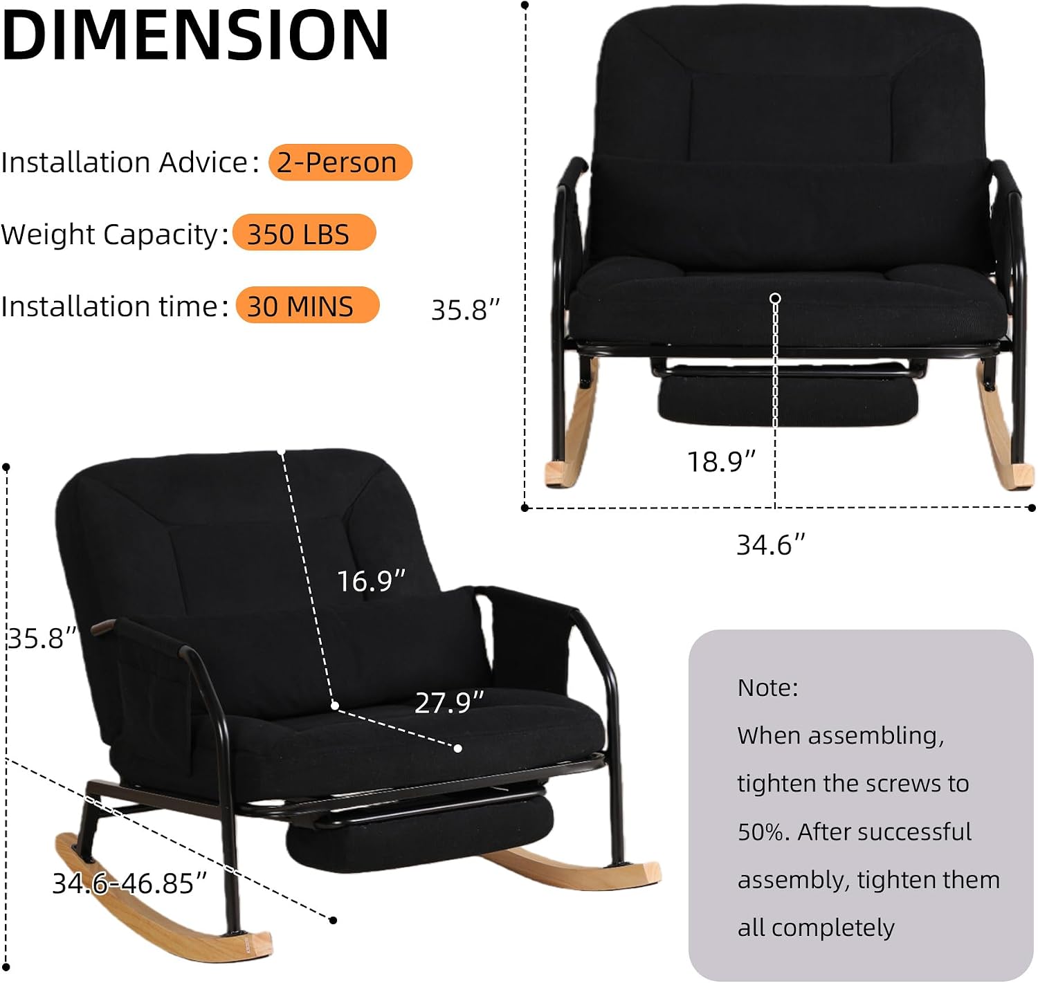 Oversized Rocking Chair, Extra-Wide Glider Patio Rocker Chairs with Foot Rest, Padded Cushion, Adjustable Backrest, Mental Wooden Farm, Indoor/Outdoor Living Room Bedroom Balcony Porch，Black