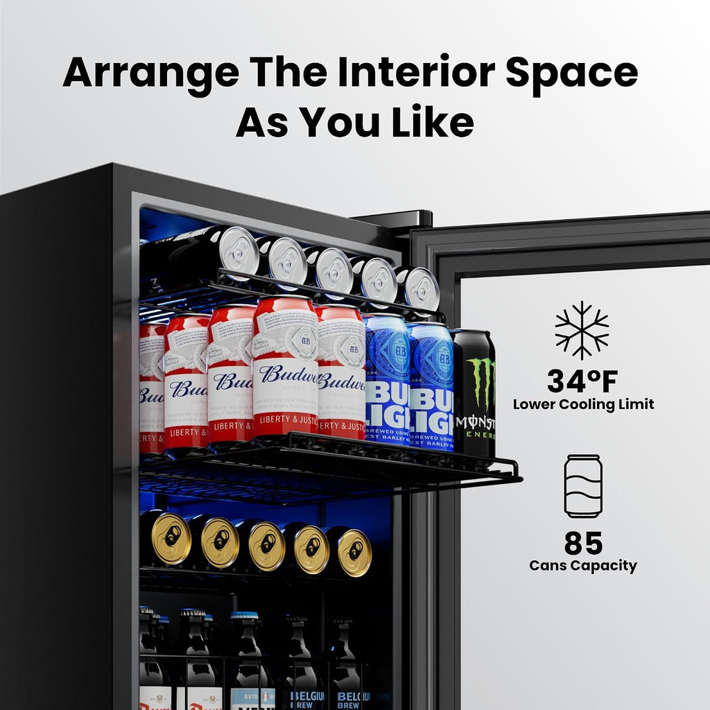 Yeego Countertop & Freestanding Beverage Fridge, 85-Can Mini Drink Refrigerator with Glass Door, Adjustable Shelves, Digital Temperature Control 34–54°F, Compact Cooler for Kitchen, Office, Bar